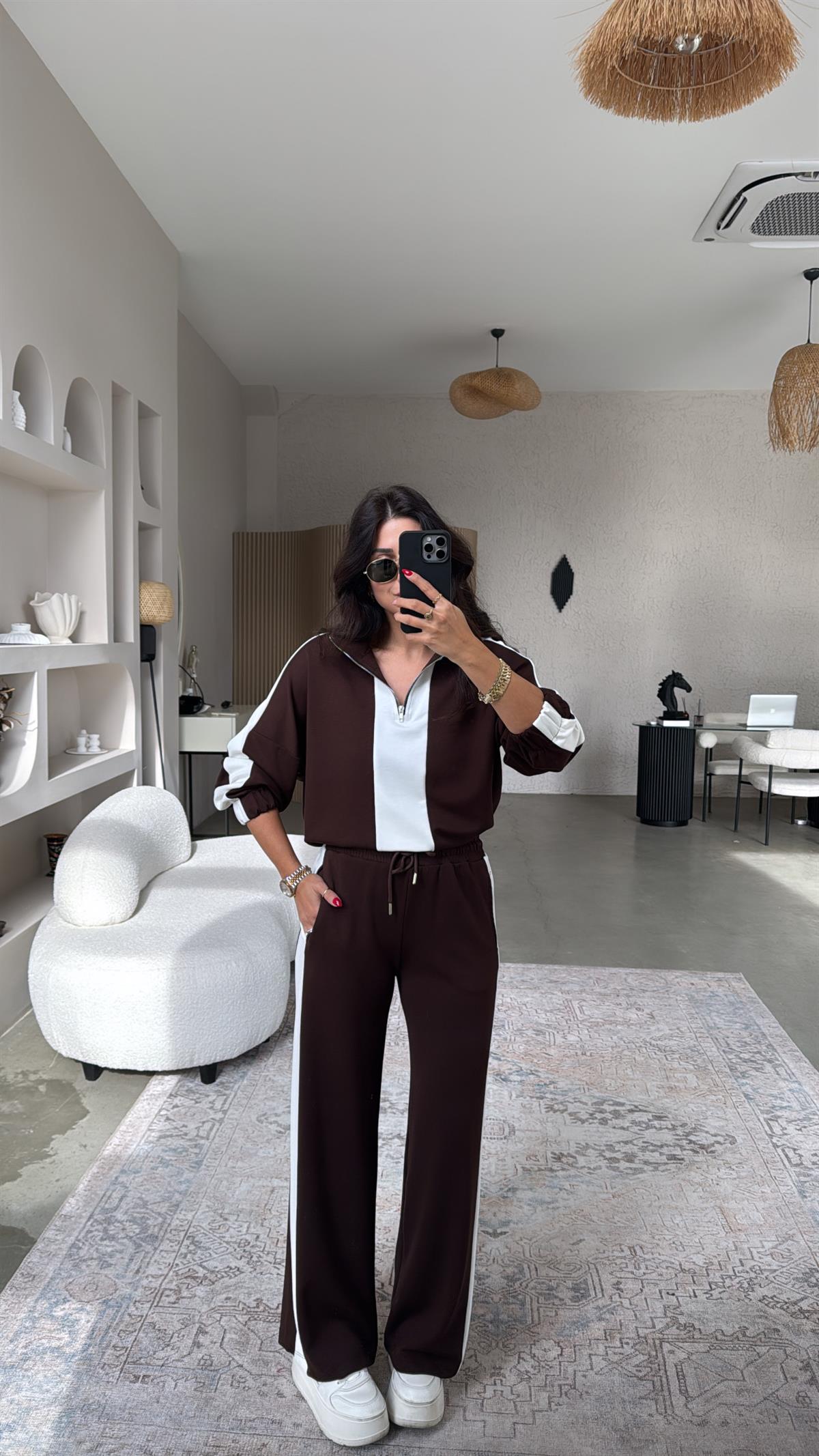 Kahverengi Şerit Detaylı Modal Eşofman Takımı