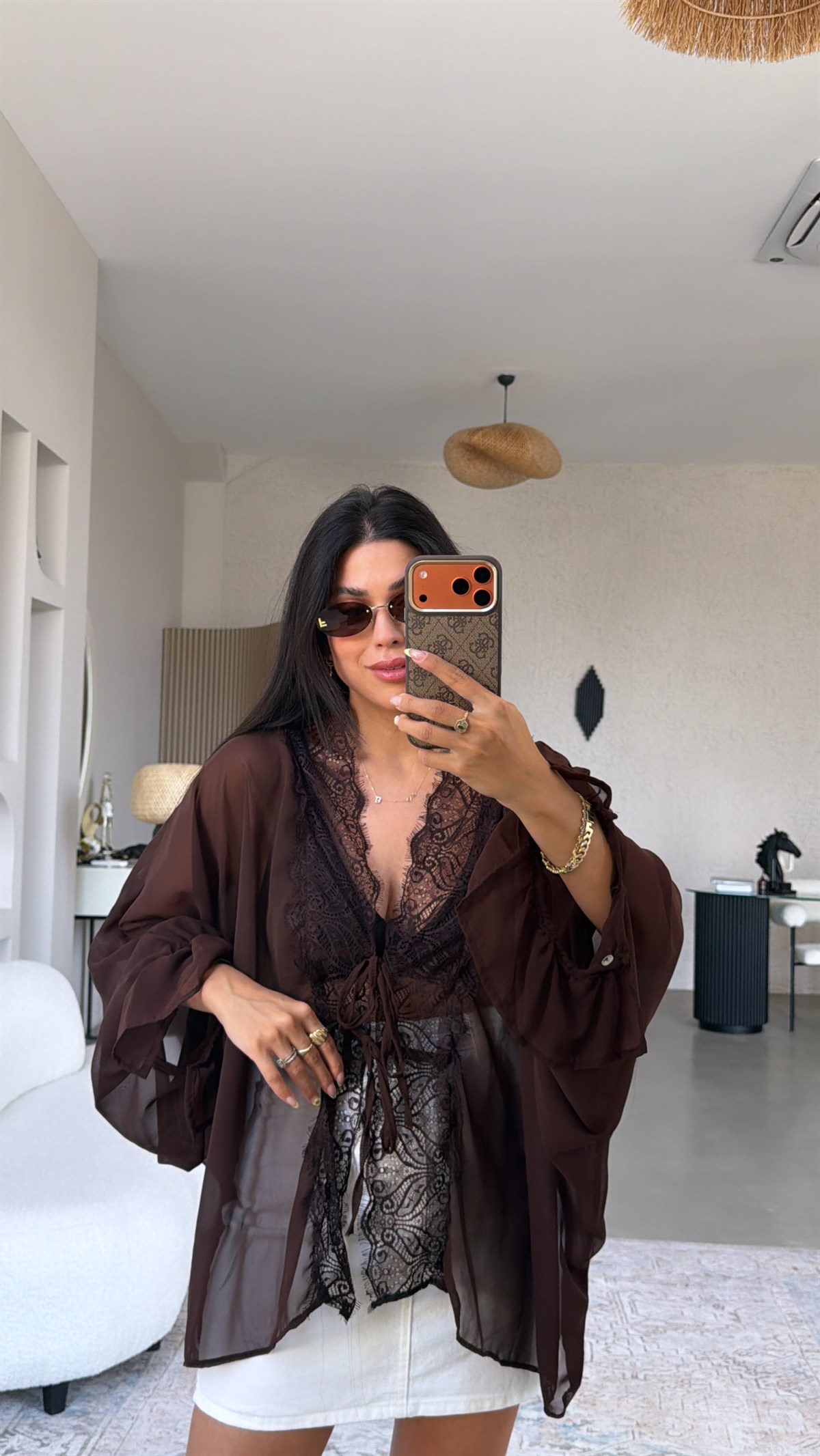 Kahverengi Şifon Dantelli Zr Model Bluz