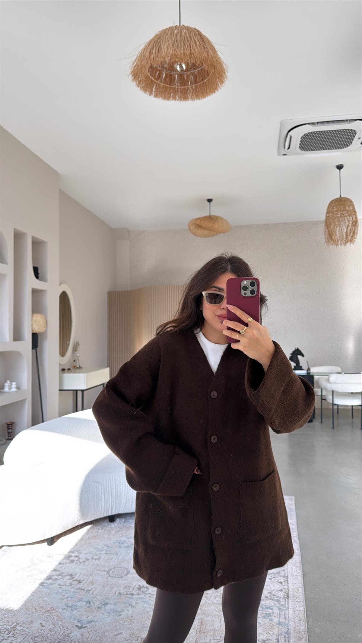 Kahverengi Sık Triko Salaş Ceket Hırka