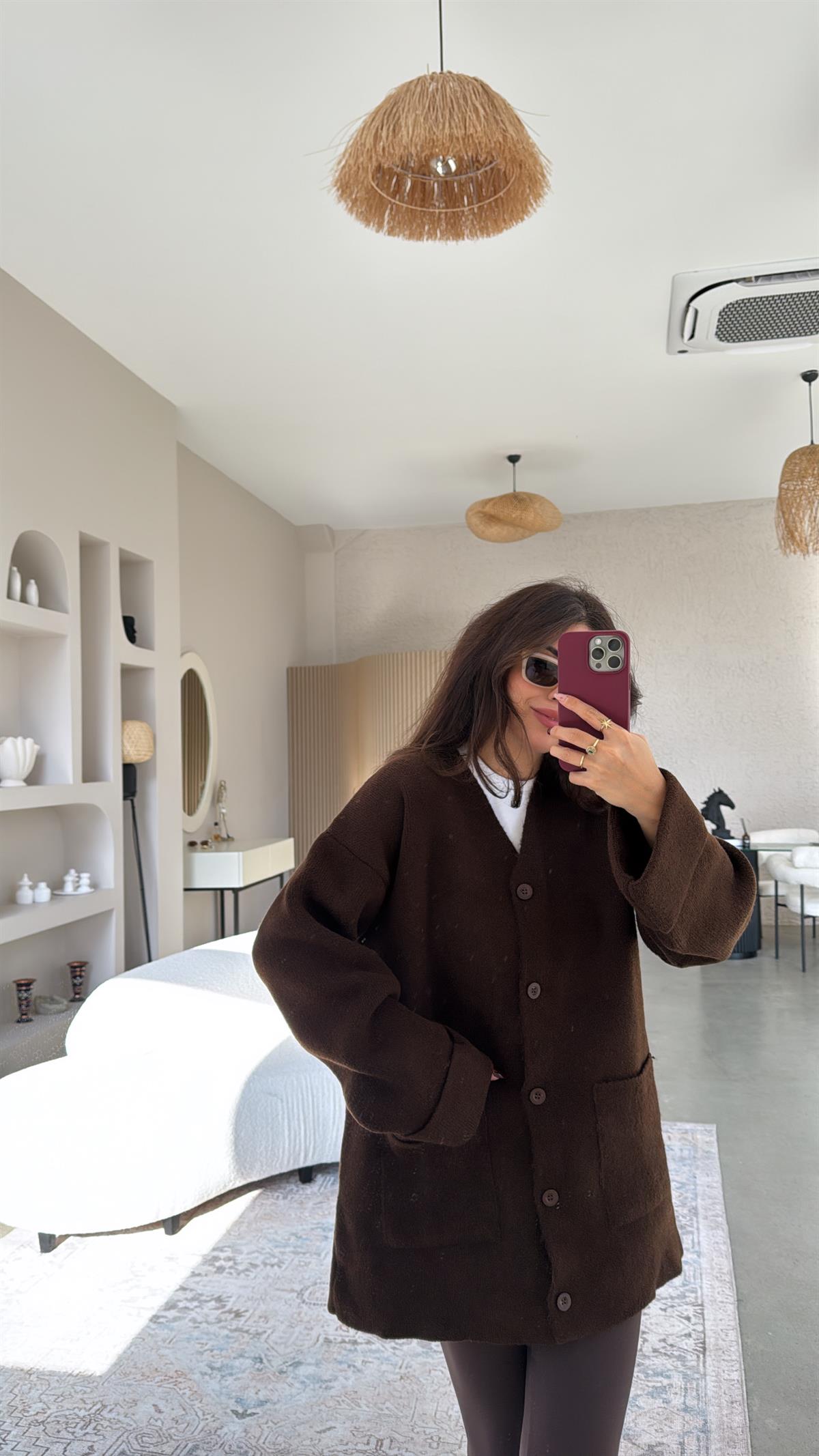 Kahverengi Sık Triko Salaş Ceket Hırka