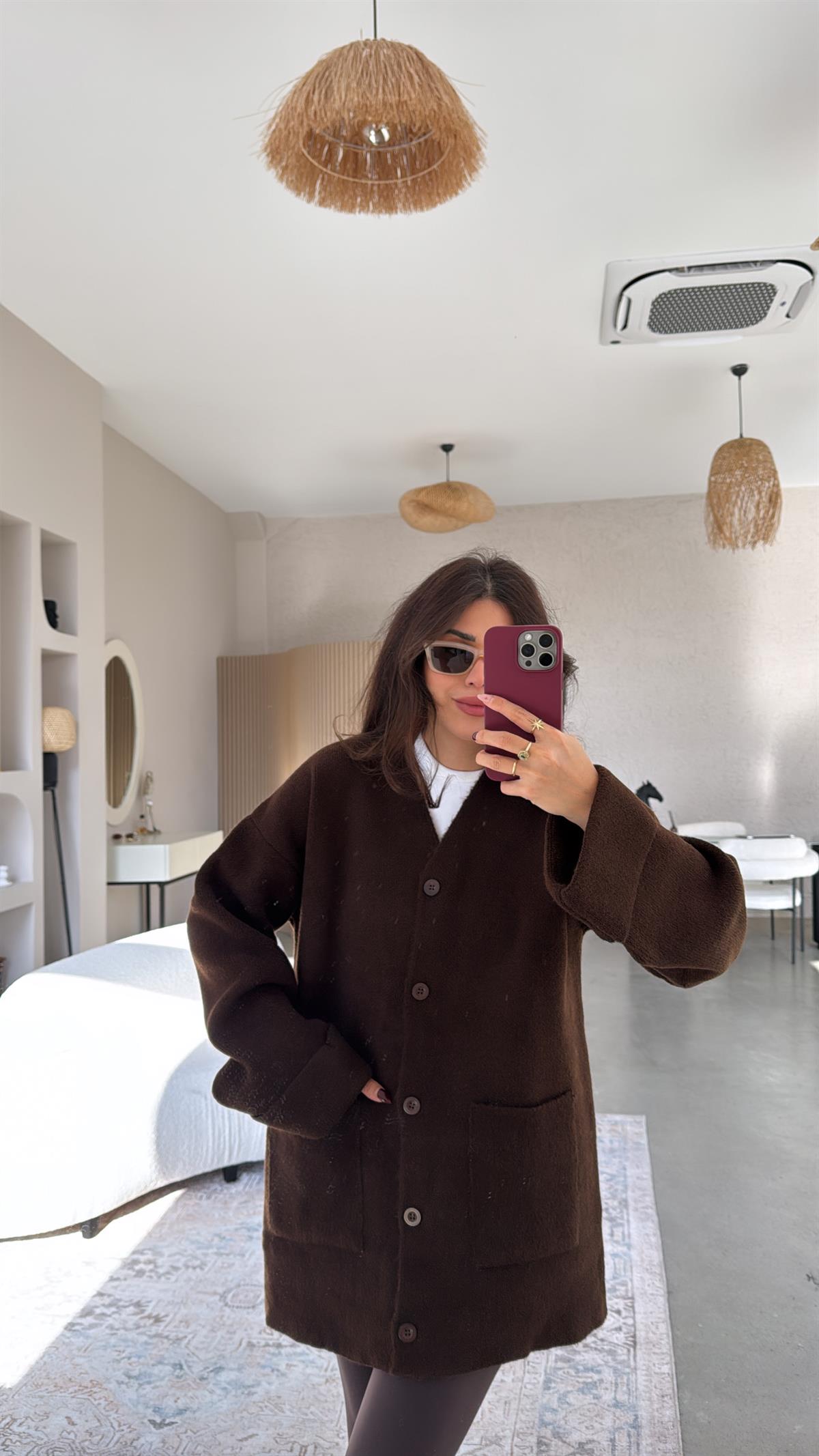 Kahverengi Sık Triko Salaş Ceket Hırka