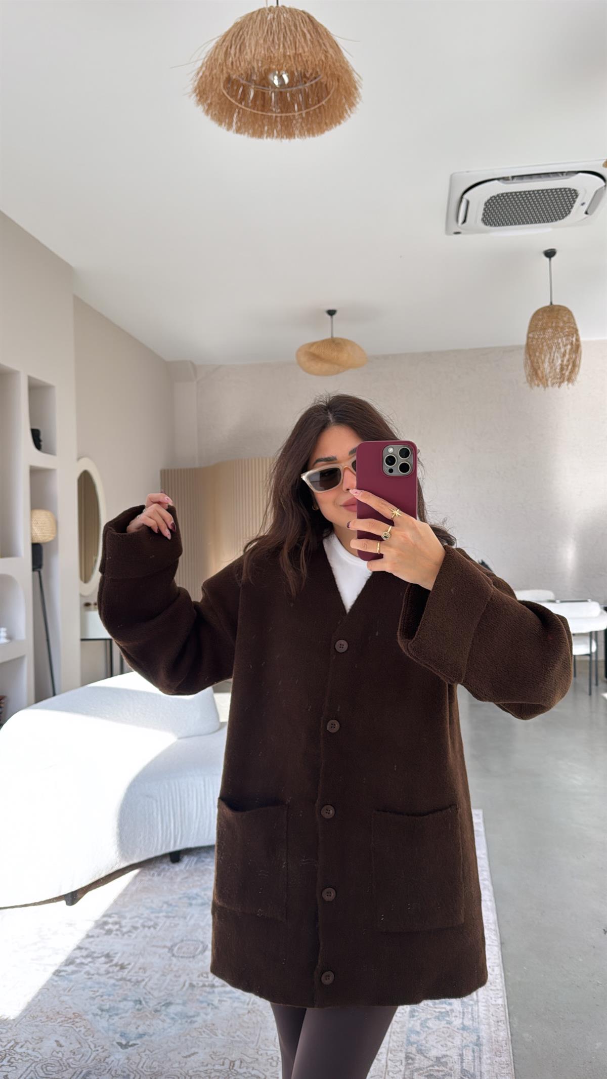 Kahverengi Sık Triko Salaş Ceket Hırka