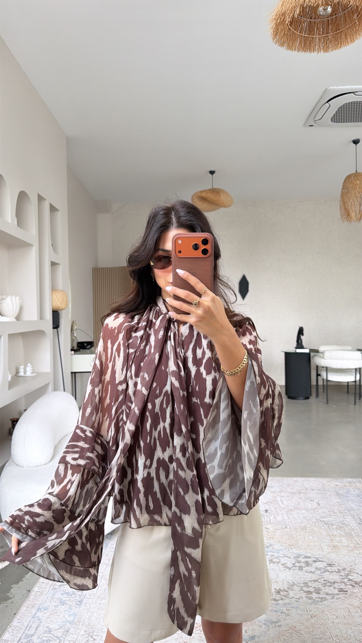 Kahverengi Soft Leoparlı Şifon bluz