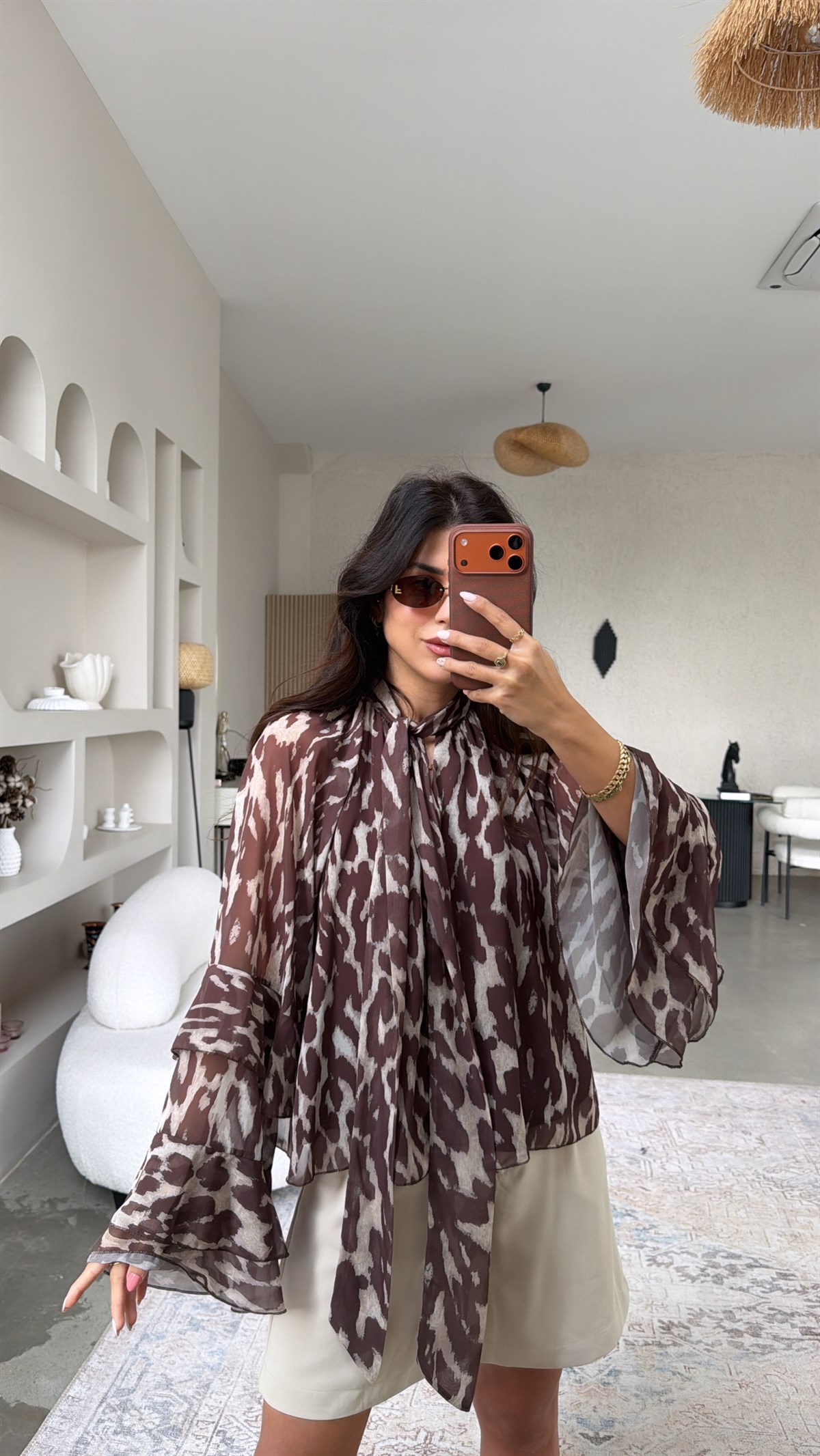 Kahverengi Soft Leoparlı Şifon bluz