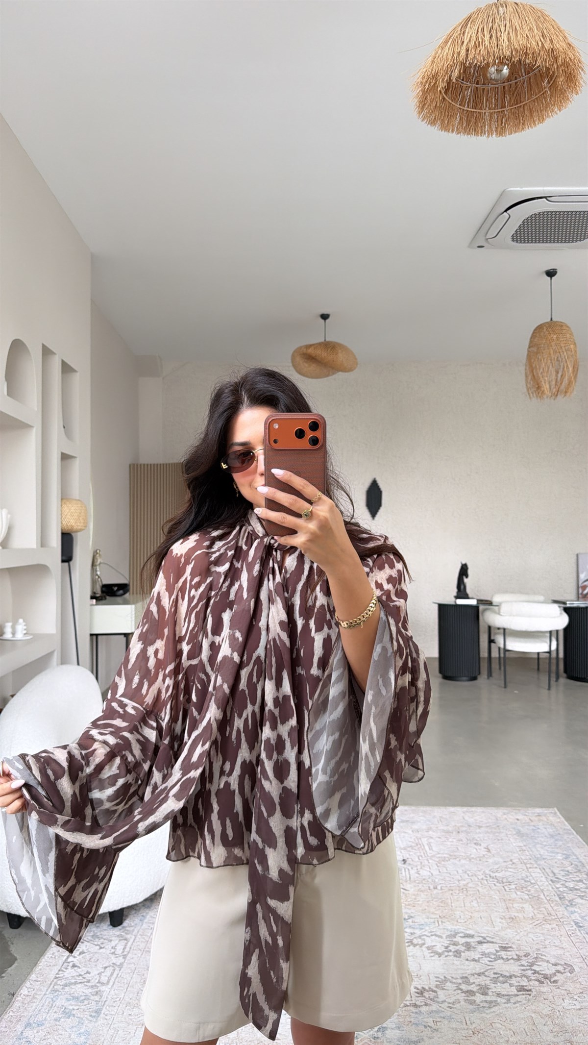 Kahverengi Soft Leoparlı Şifon bluz