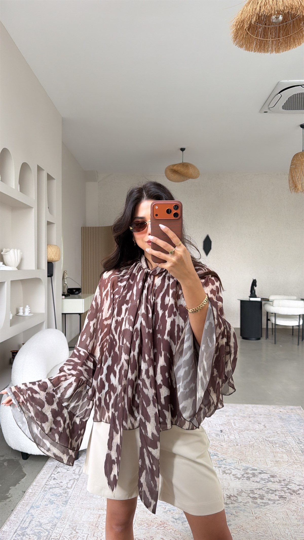 Kahverengi Soft Leoparlı Şifon bluz