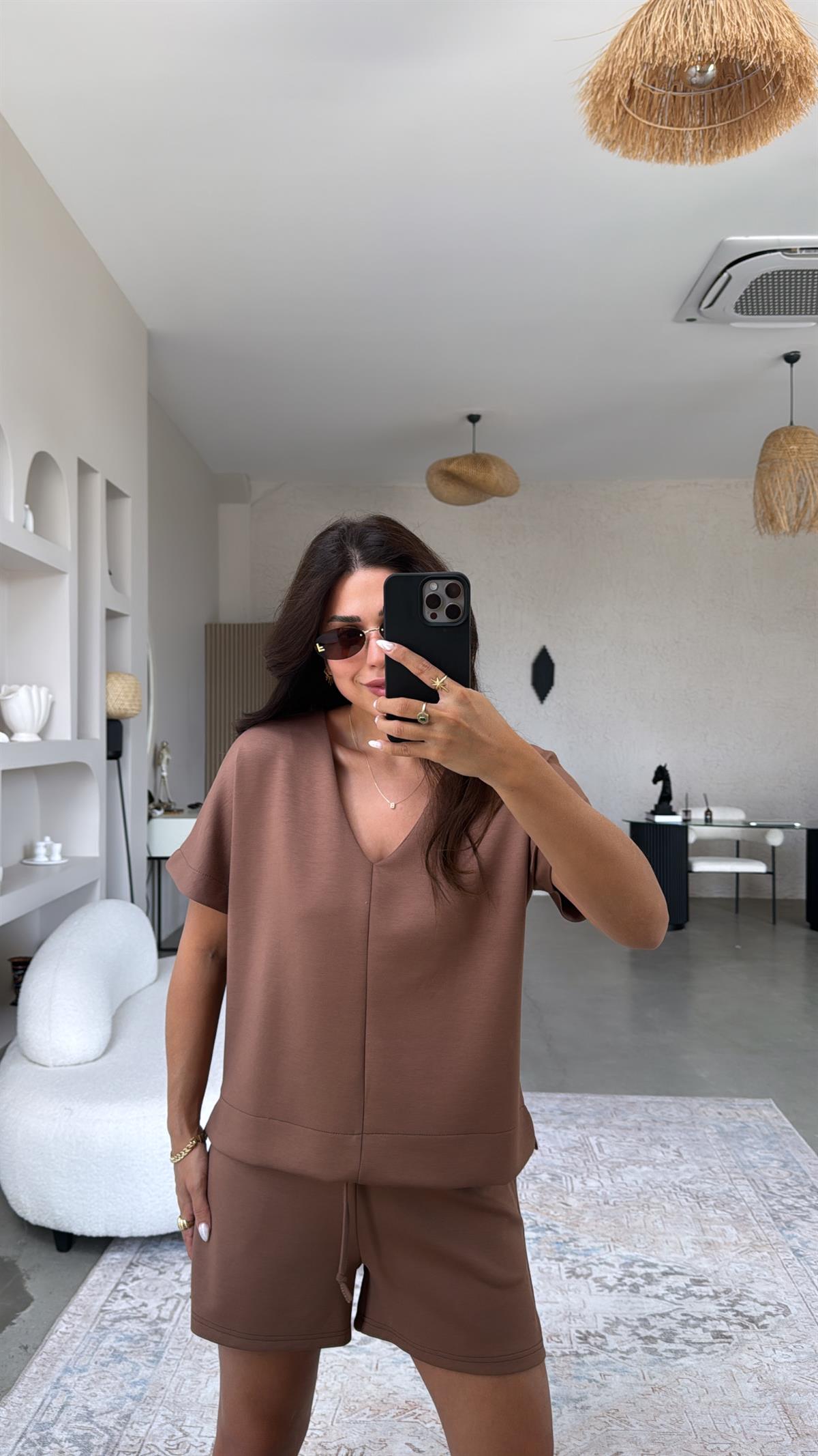 Kahverengi Şort Bluz Modal Takım