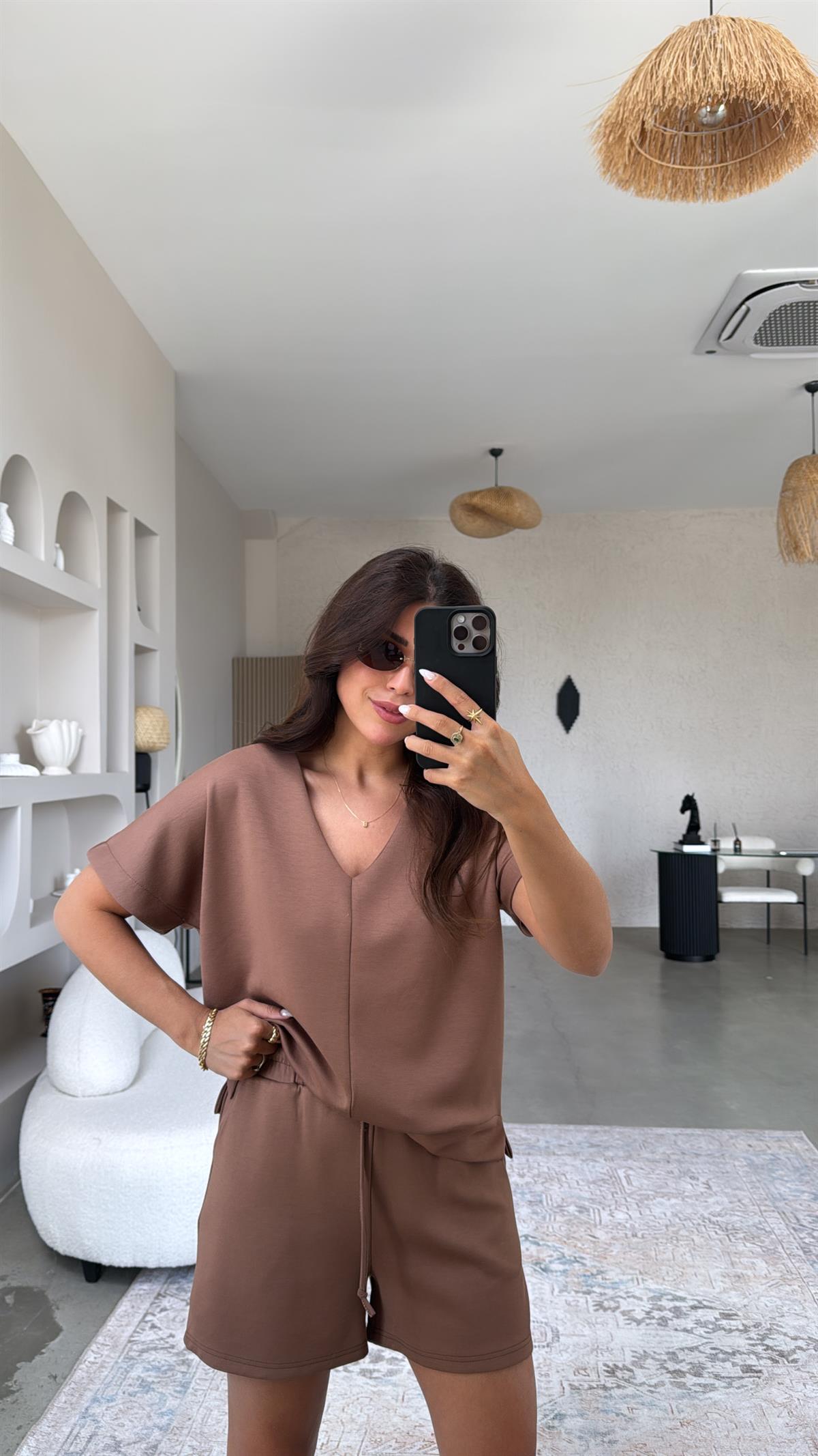 Kahverengi Şort Bluz Modal Takım