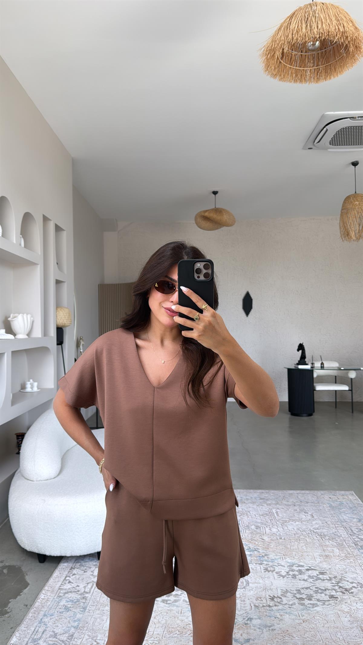 Kahverengi Şort Bluz Modal Takım