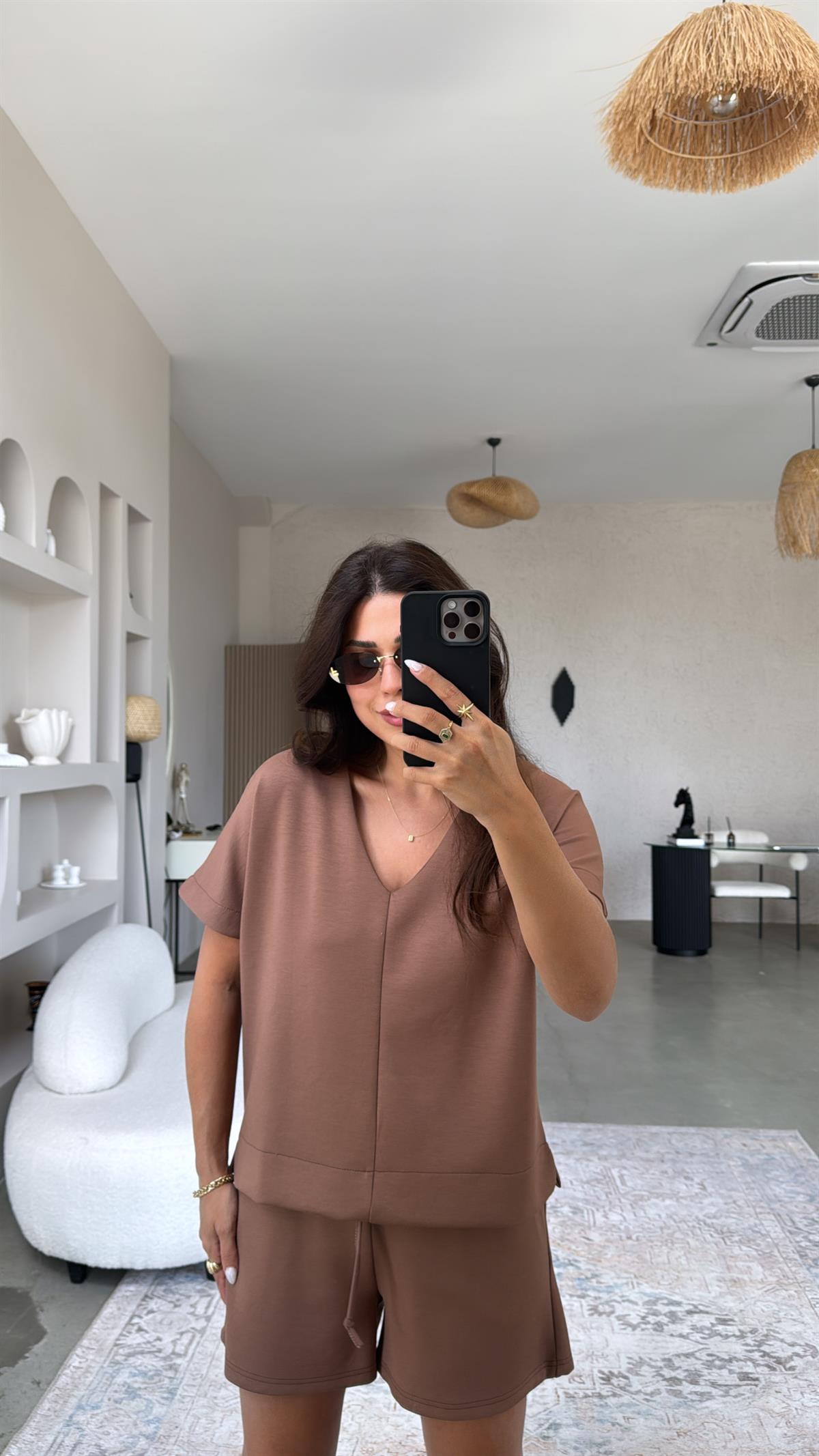 Kahverengi Şort Bluz Modal Takım