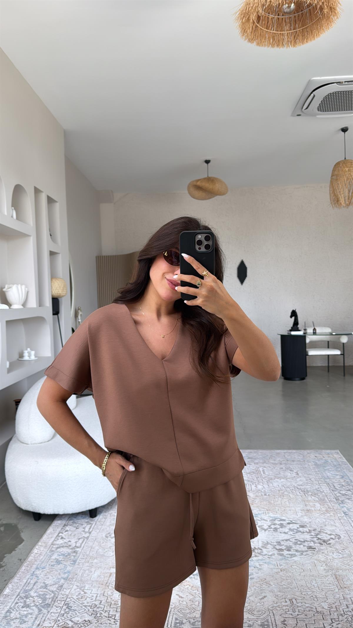 Kahverengi Şort Bluz Modal Takım