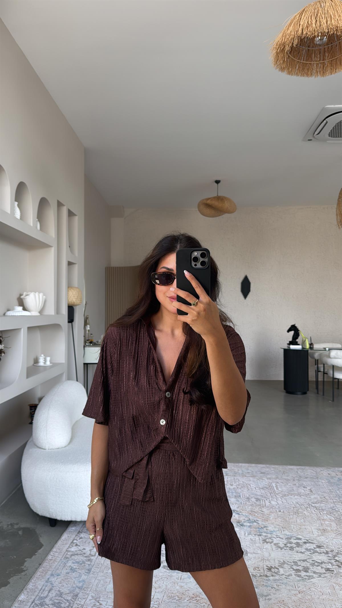 Kahverengi Şort Gömlek Tiril Bürümcük Takım