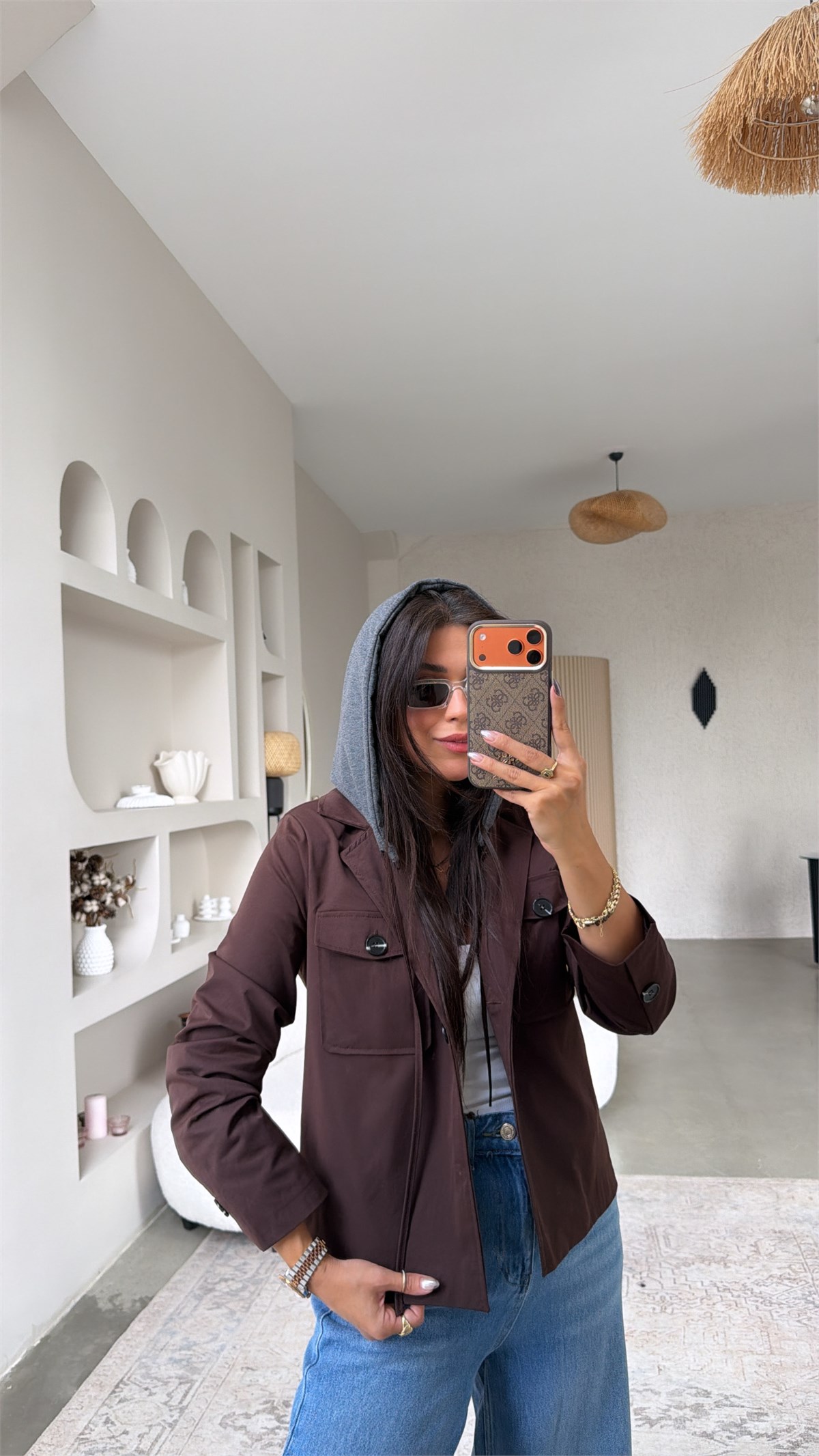 Kahverengi Sweat Kapüşon Detaylı Ceket
