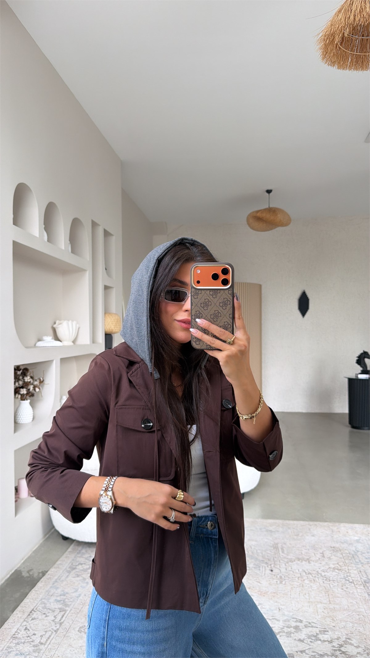 Kahverengi Sweat Kapüşon Detaylı Ceket