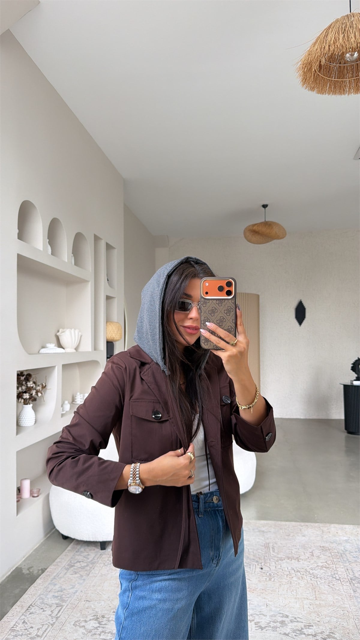 Kahverengi Sweat Kapüşon Detaylı Ceket