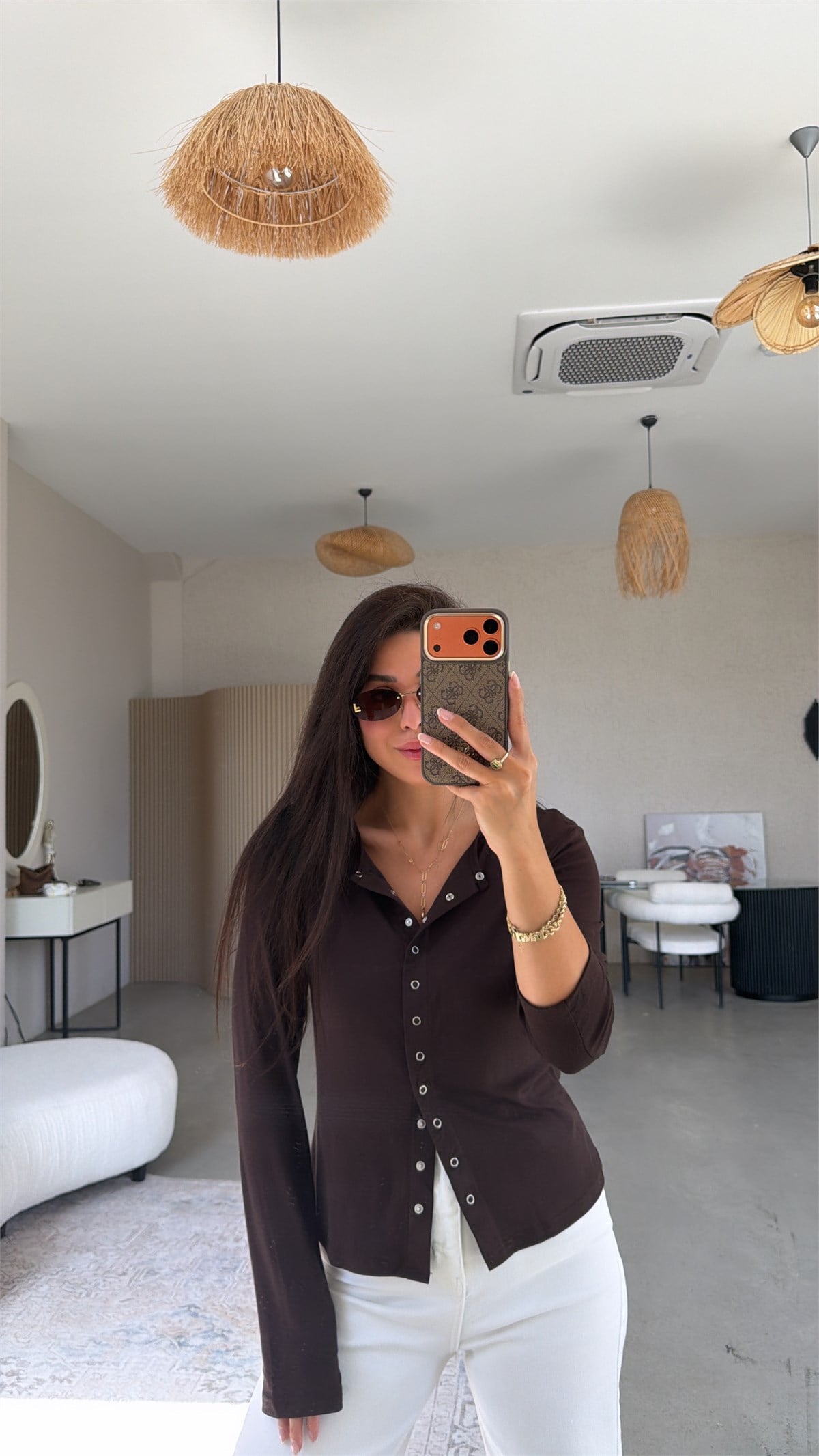 Kahverengi Tam Boy Çıtçıt Modal Bluz