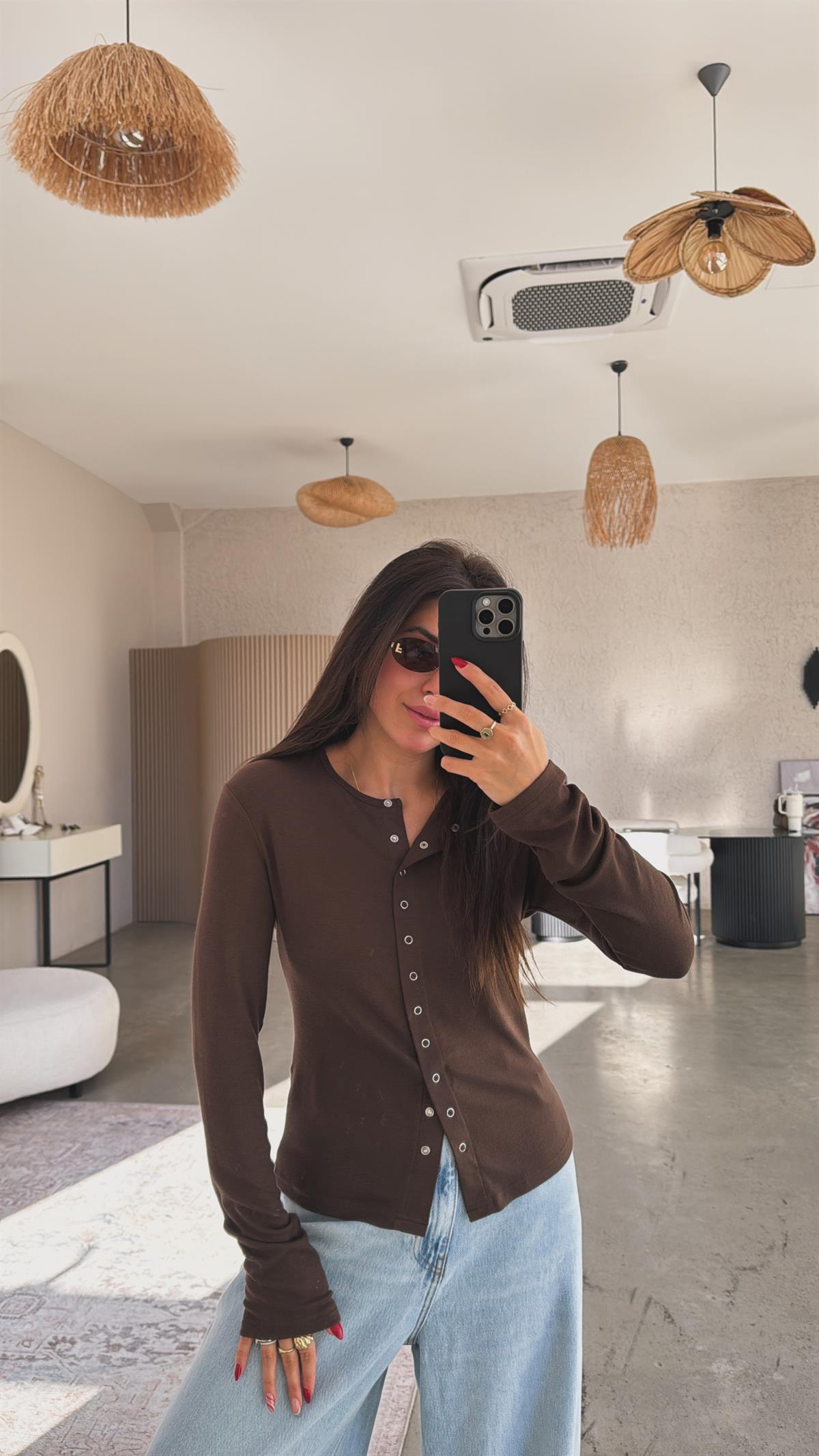 Kahverengi Tam Boy Çıtçıt Modal Bluz