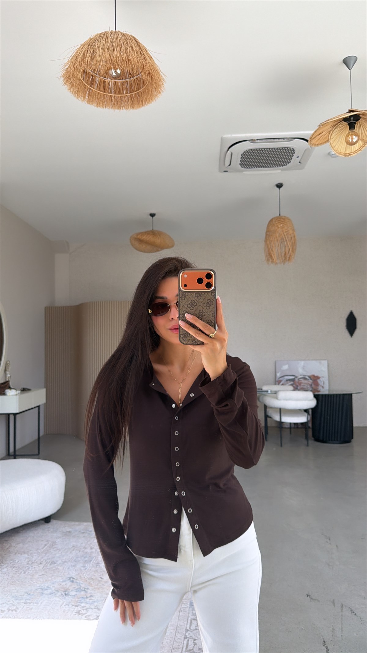 Kahverengi Tam Boy Çıtçıt Modal Bluz