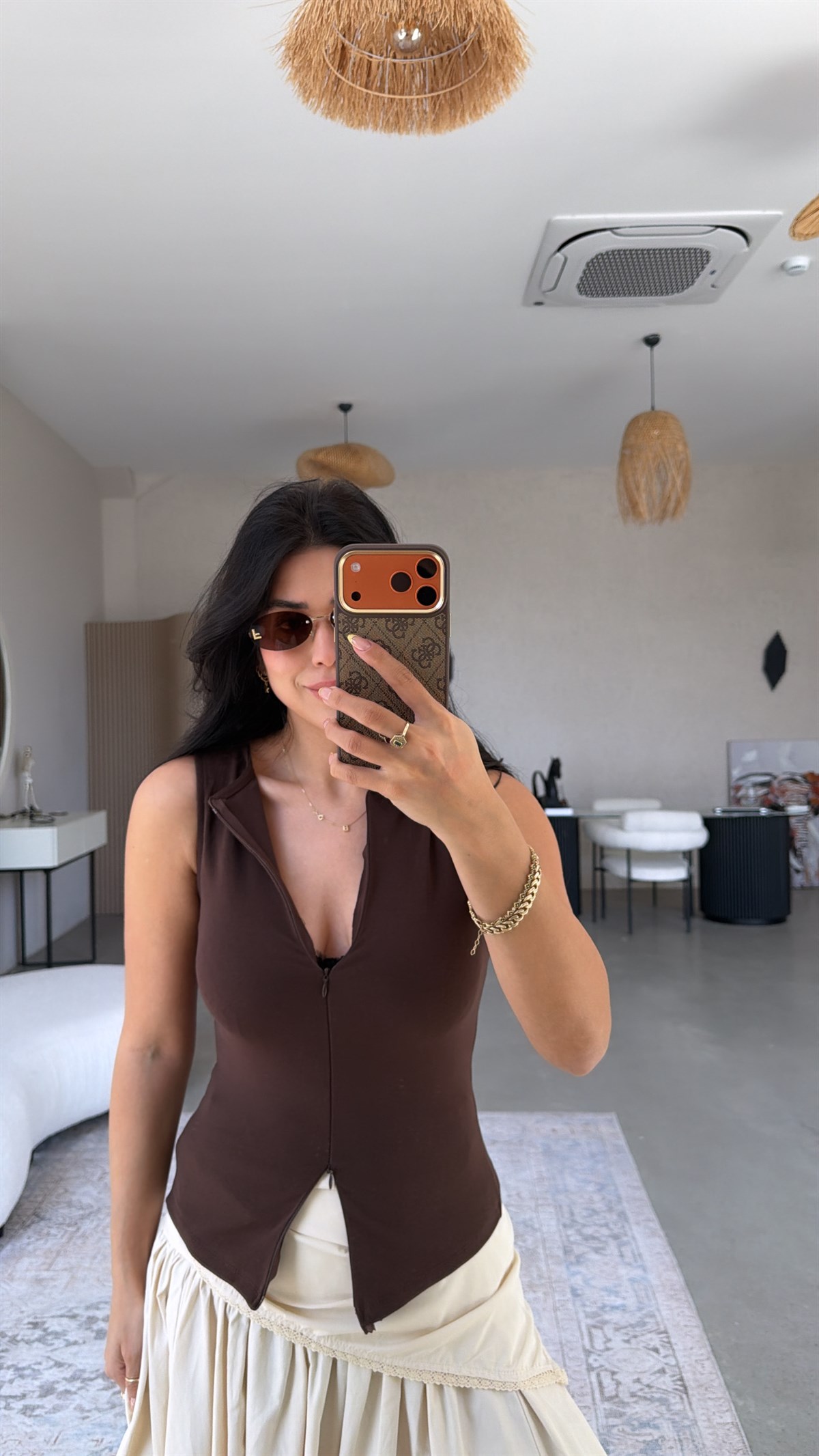 Kahverengi Tam Fermuarlı Pamuklu Atlet