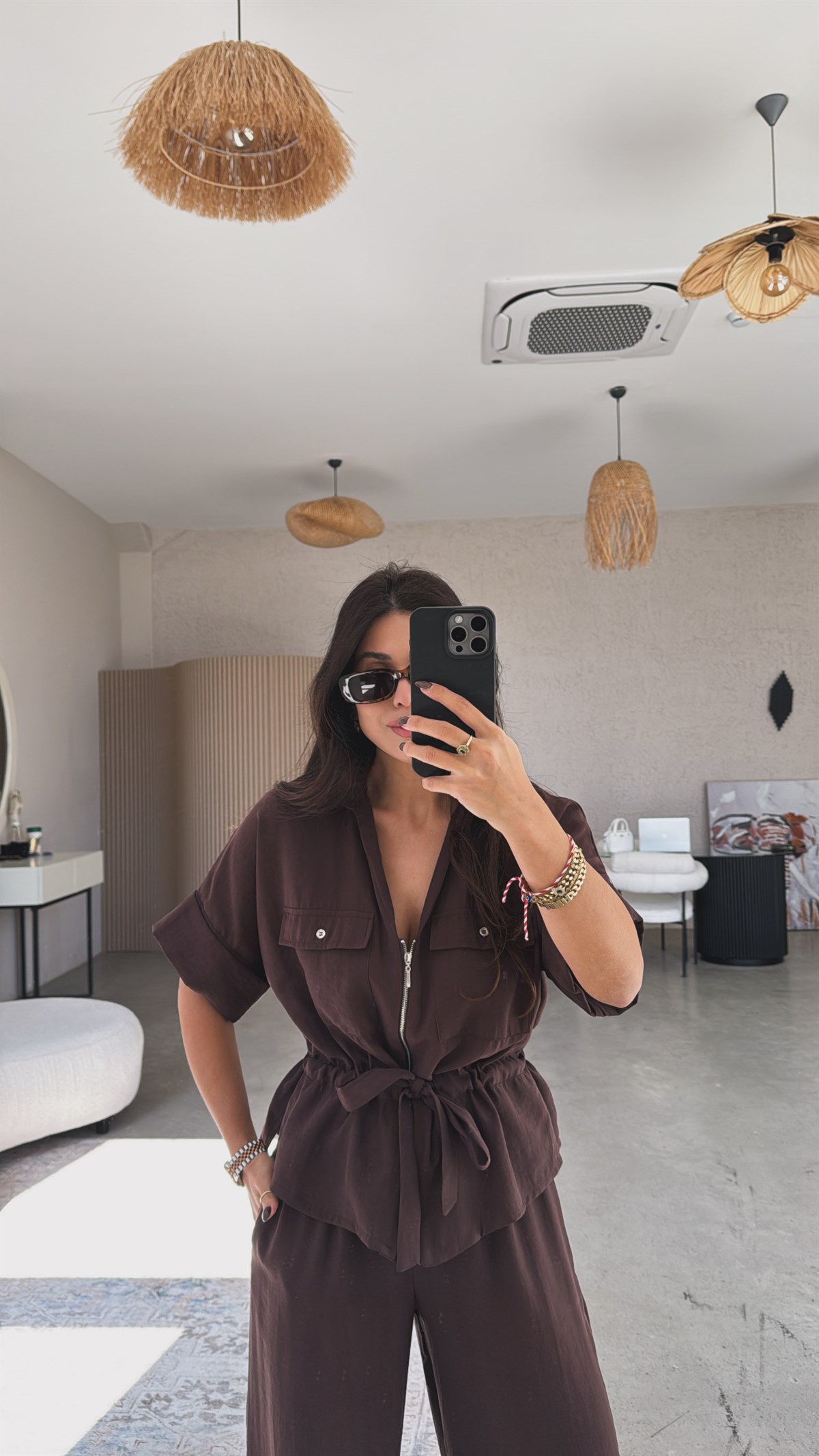 Kahverengi Tensel Ceketli Pantolonlu Premium Takım