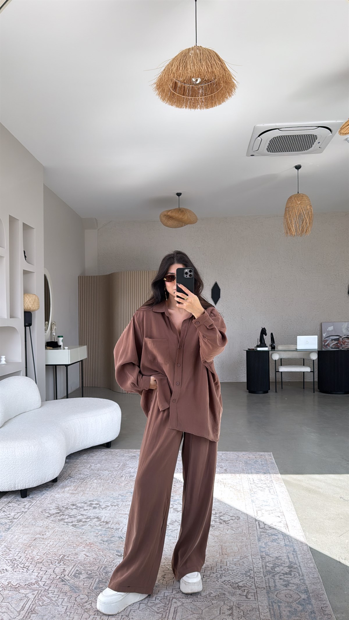 Kahverengi Tensel Dökümlü Gömlek Pantolon Takım