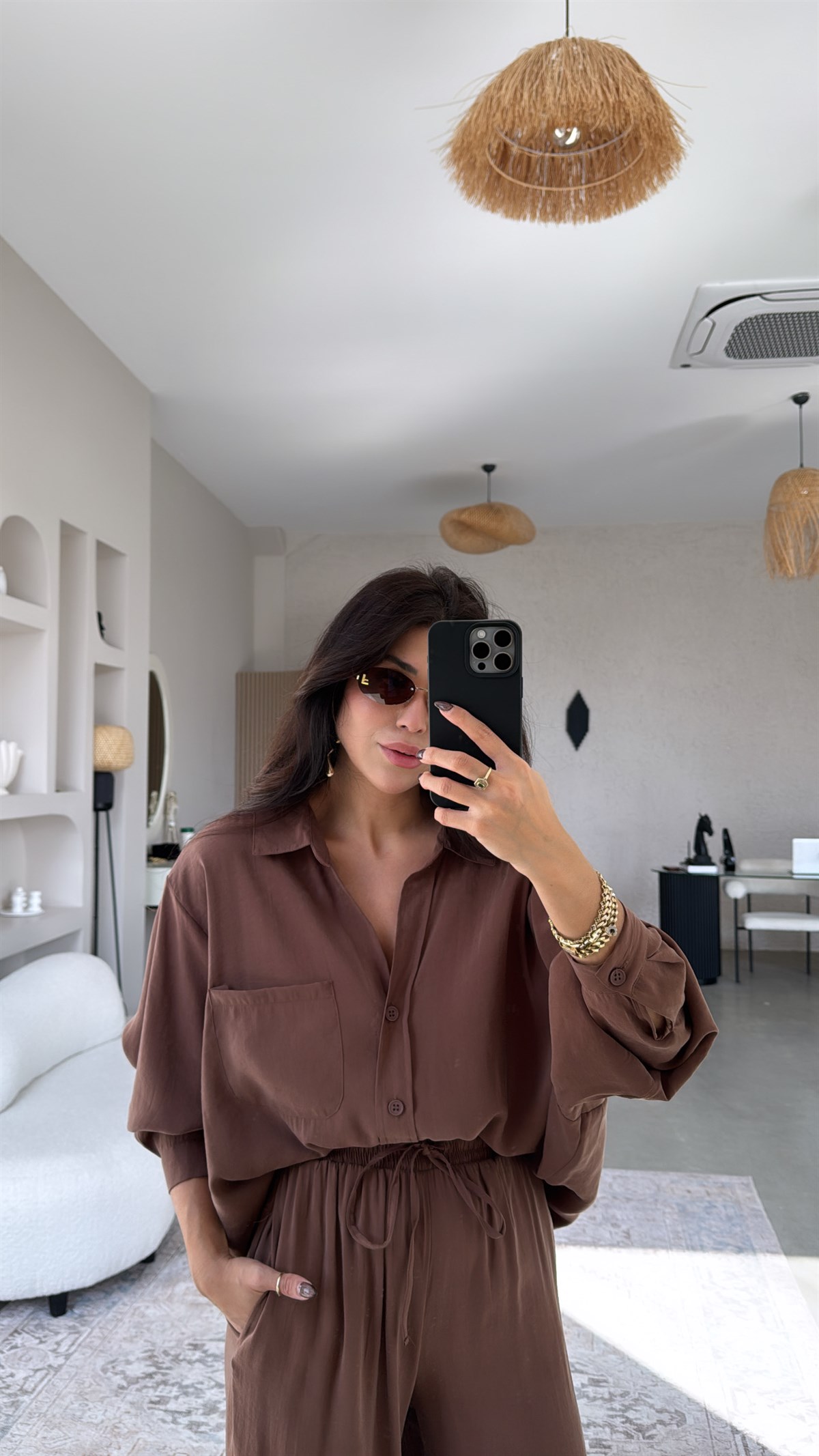 Kahverengi Tensel Dökümlü Gömlek Pantolon Takım