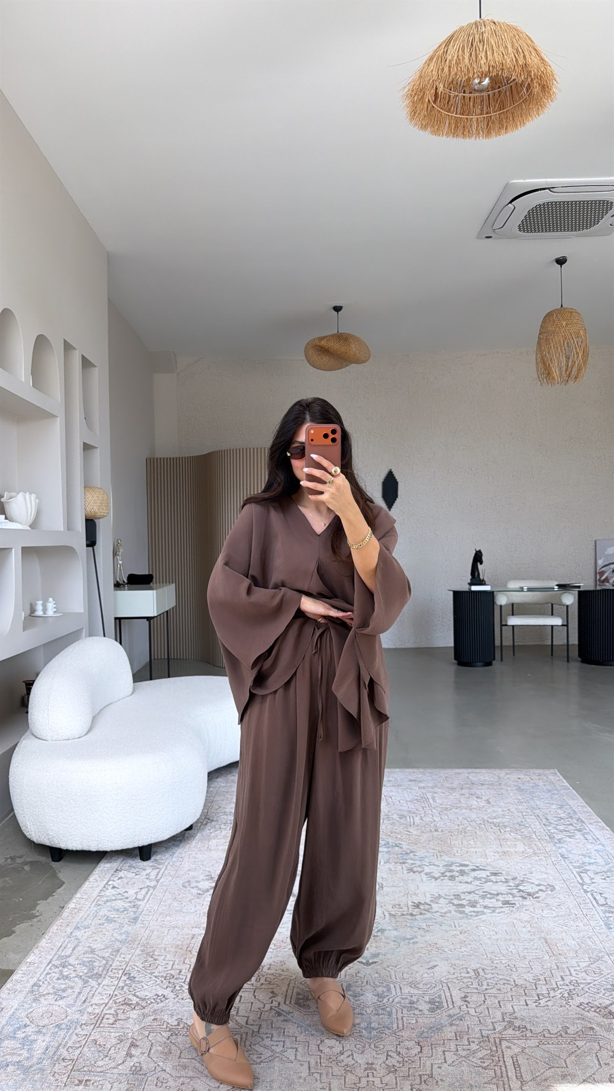 Kahverengi Tensel Ön Pile Detaylı Oversize Pantolon Bluz Takım