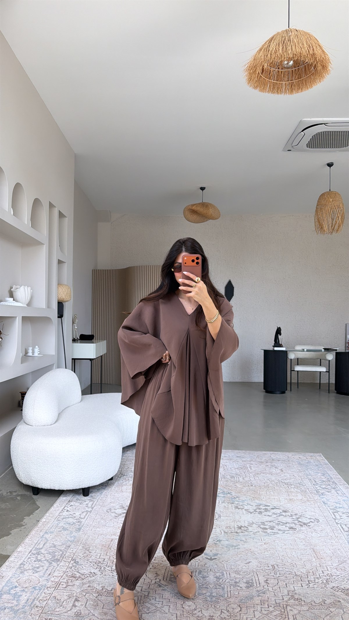 Kahverengi Tensel Ön Pile Detaylı Oversize Pantolon Bluz Takım