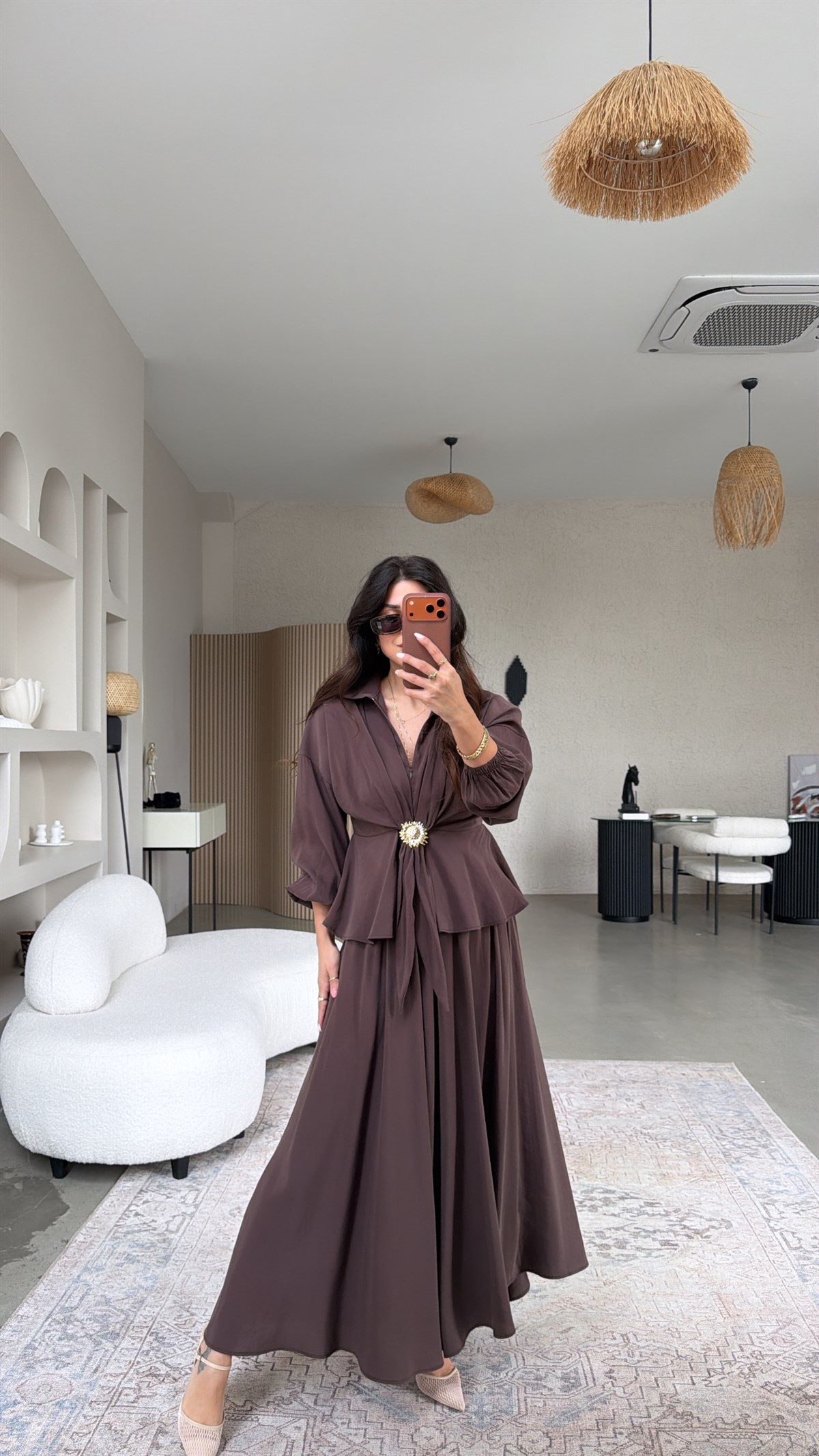 Kahverengi Tensel Premium Tokalı Etek Bluz Takım