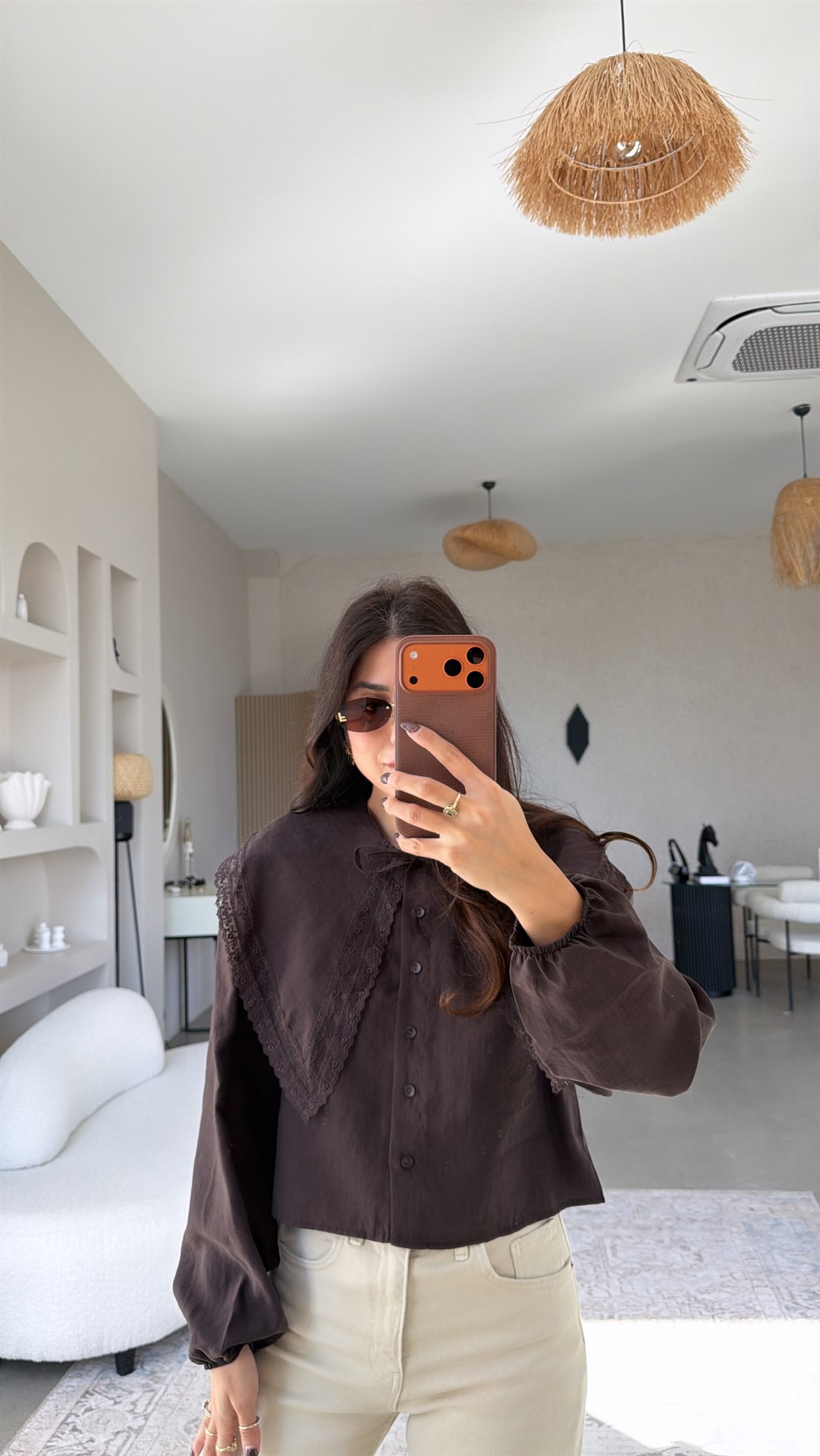 Kahverengi Tensel Romantik Yakalı Dantel Detaylı Gömlek