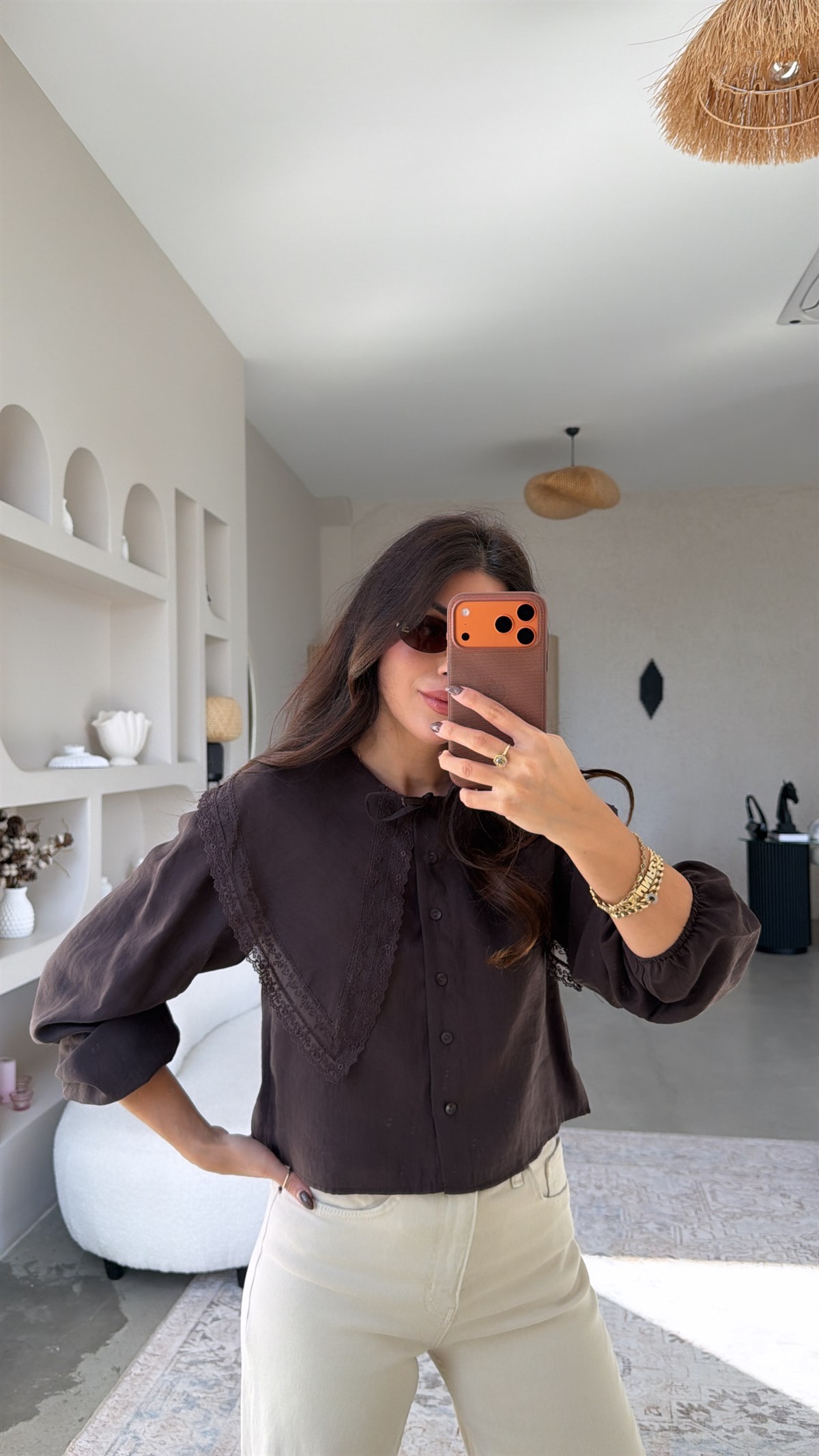 Kahverengi Tensel Romantik Yakalı Dantel Detaylı Gömlek