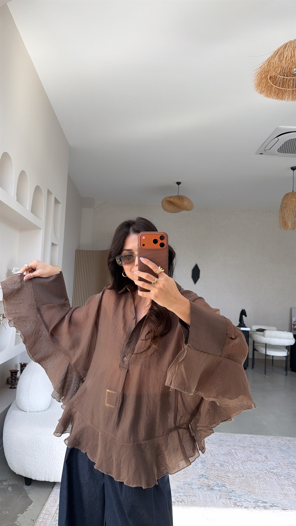 Kahverengi Transparan Fırfırlı Gömlek Bluz