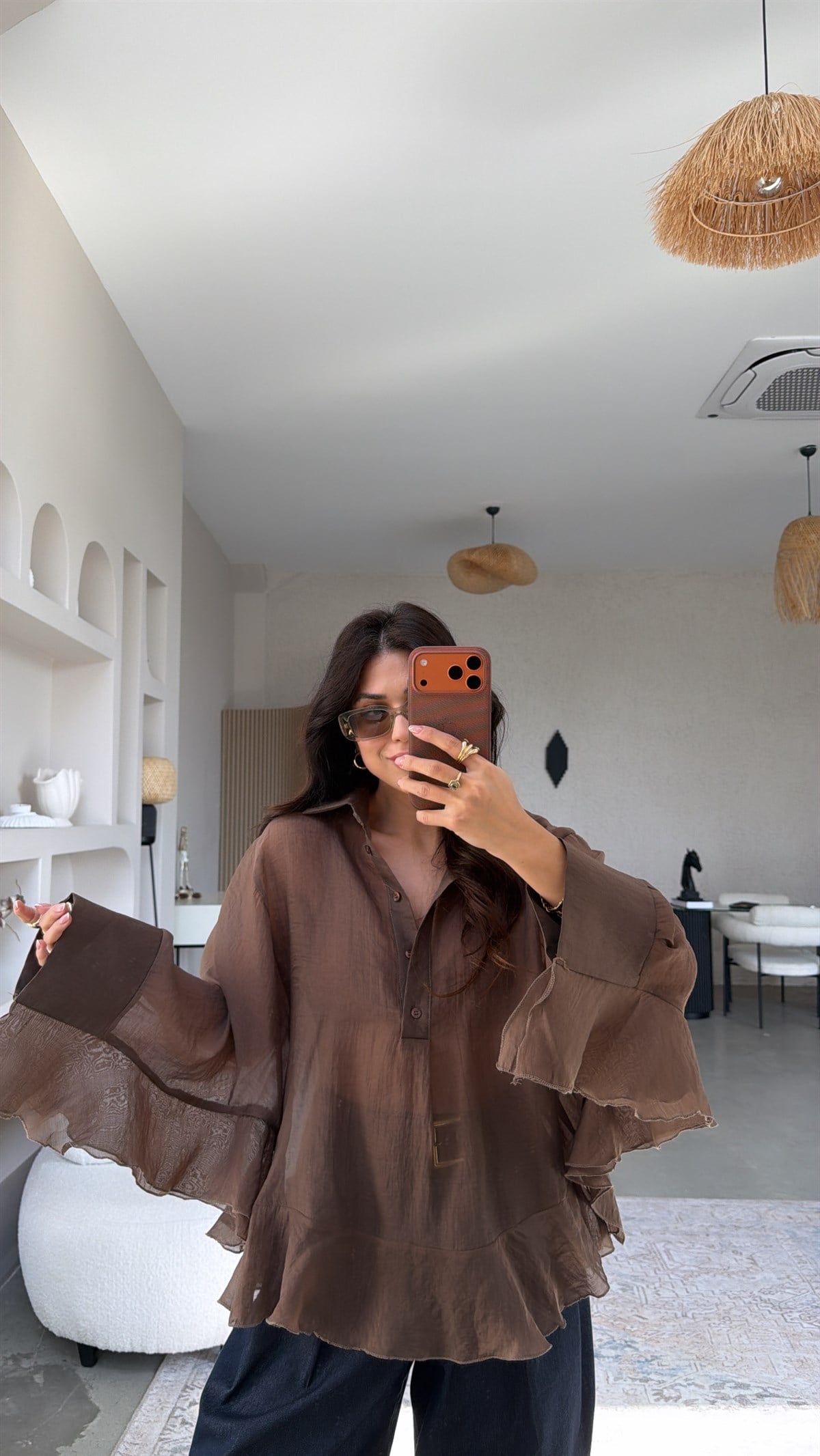 Kahverengi Transparan Fırfırlı Gömlek Bluz