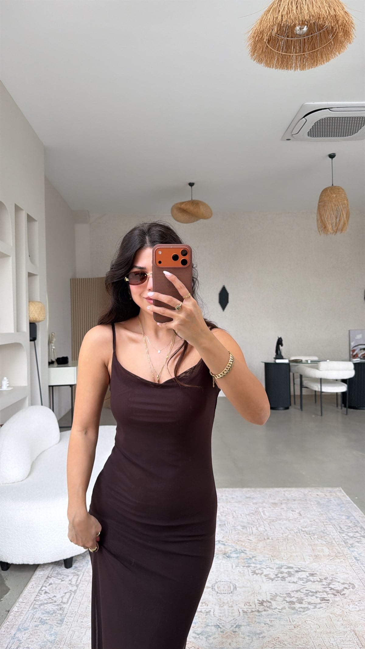 Kahverengi Tül Degaje Askılı Elbise