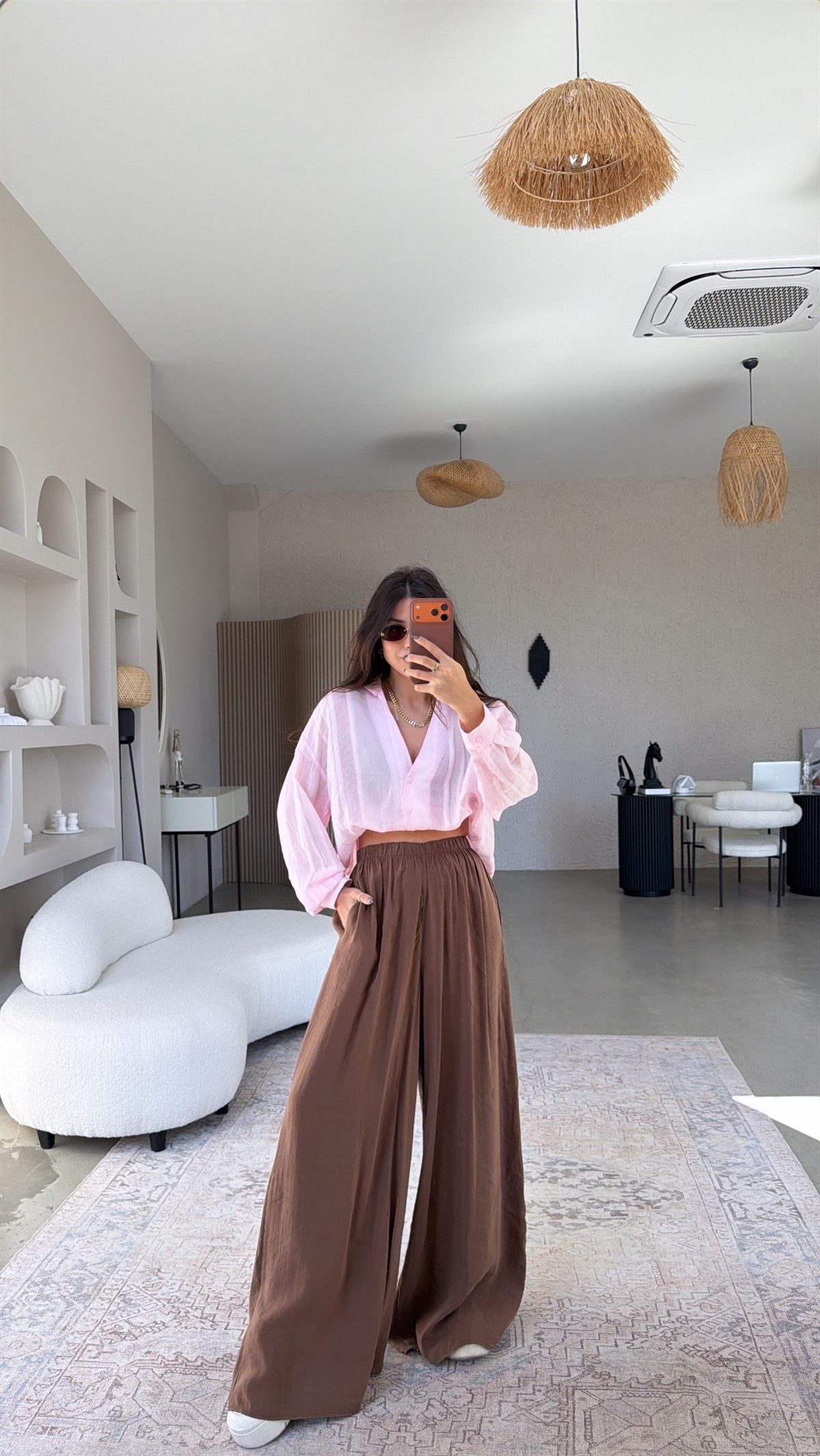 Kahverengi Ultra Wide Leg Tensel Pantolon