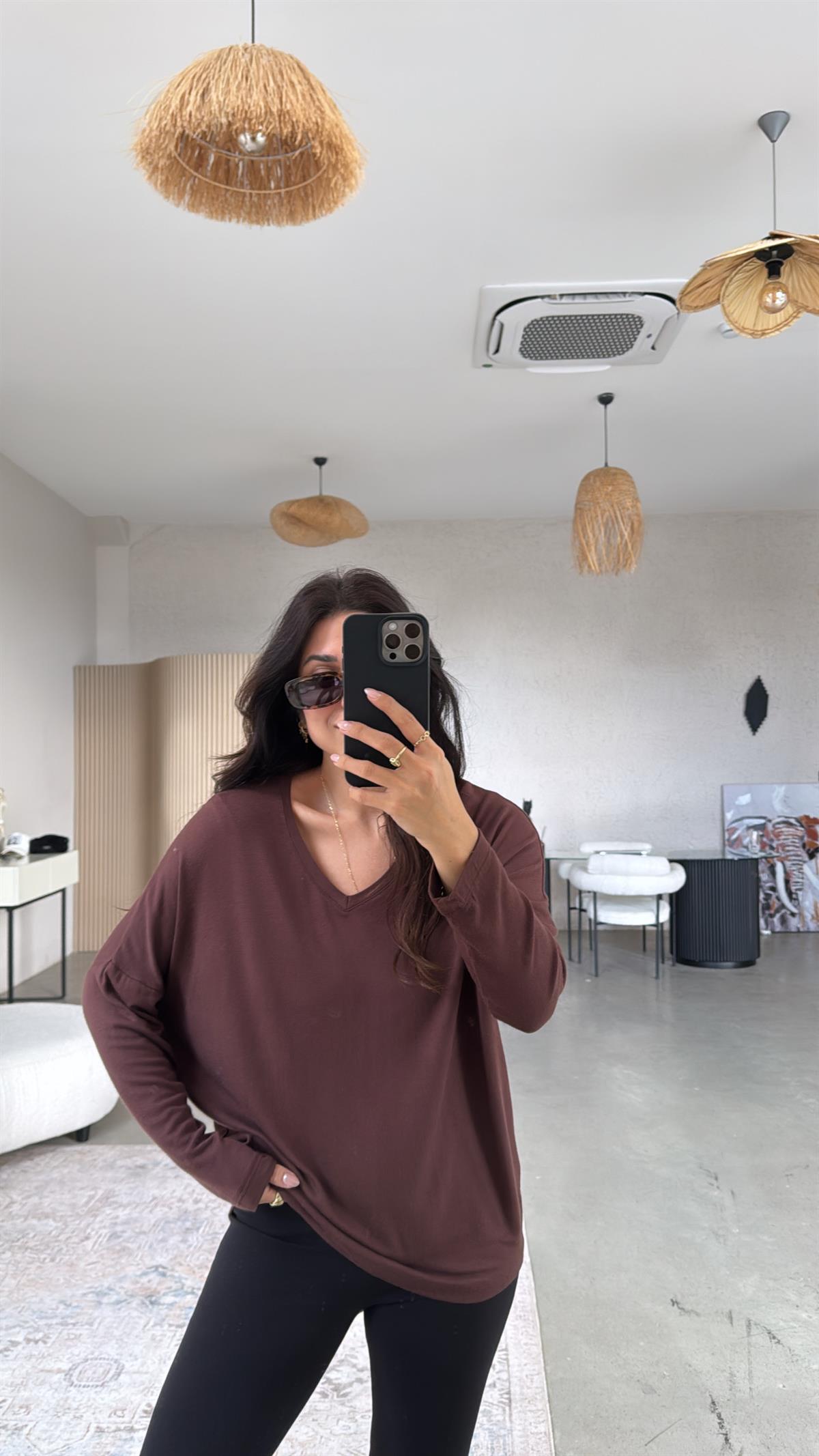 Kahverengi V Yaka Basic İnce Triko Bluz