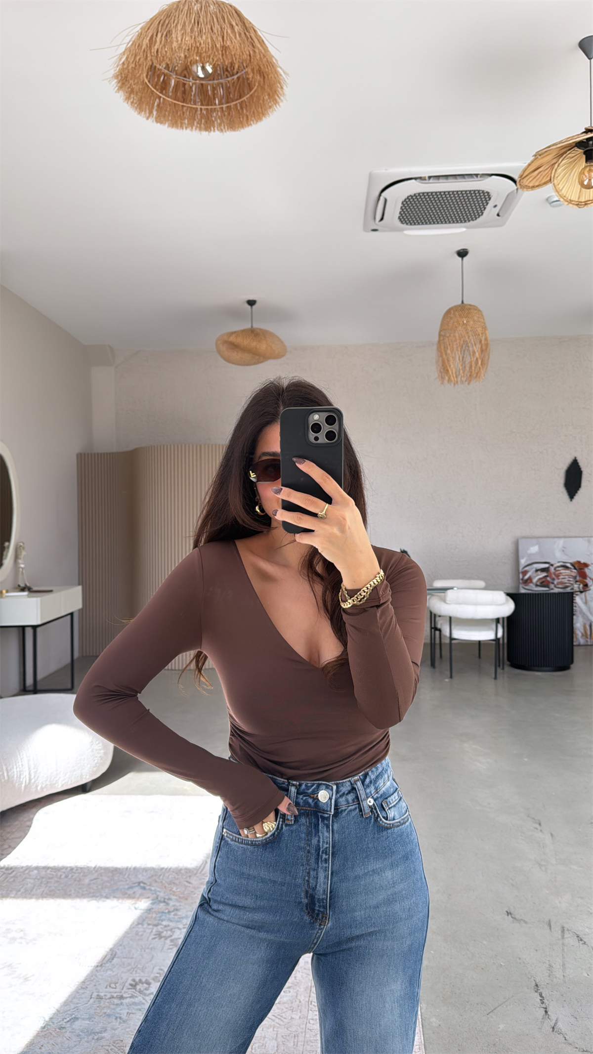 Kahverengi V Yaka Polyamid Bodysuit