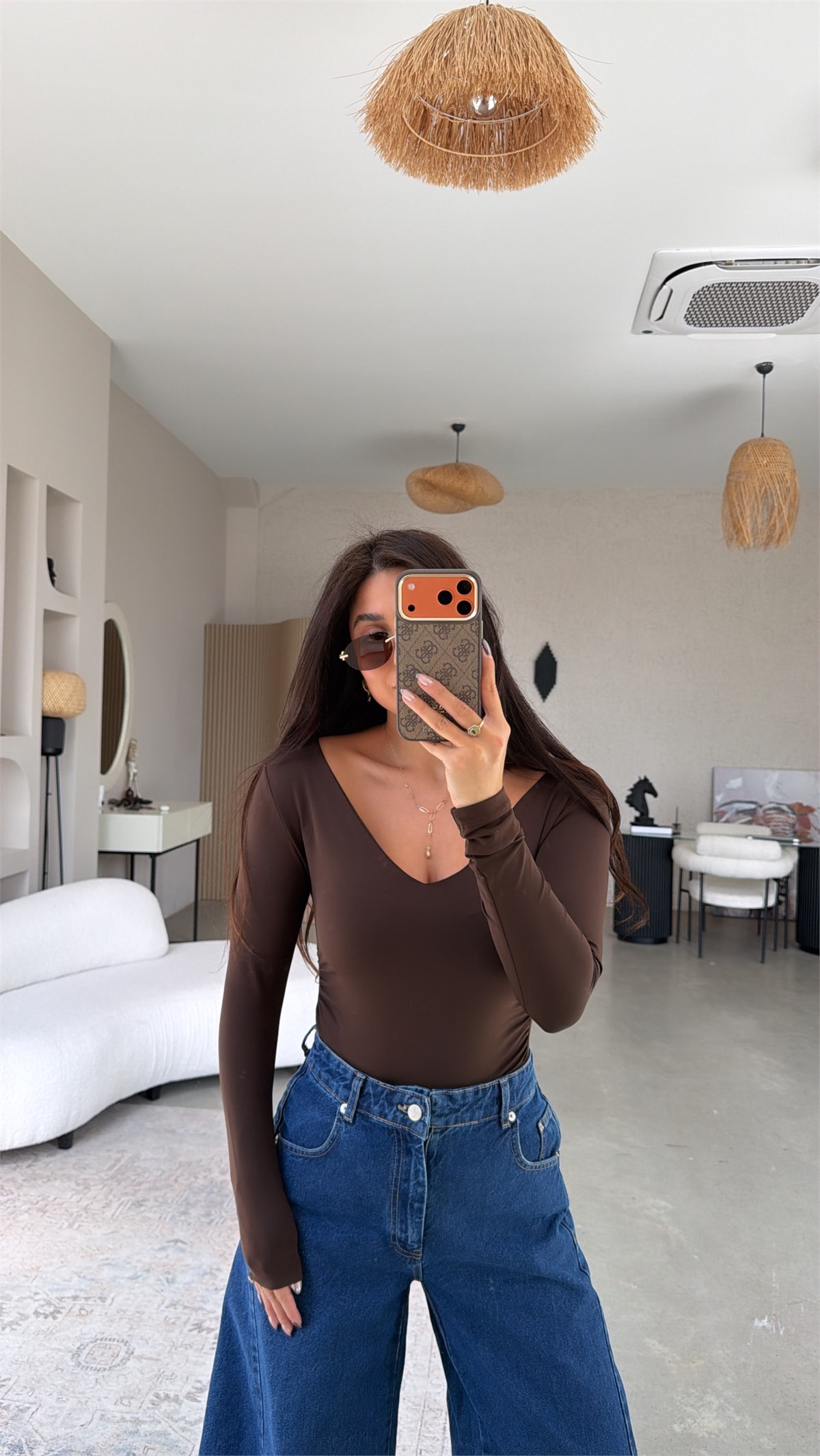 Kahverengi V Yaka Polyamid Bodysuit