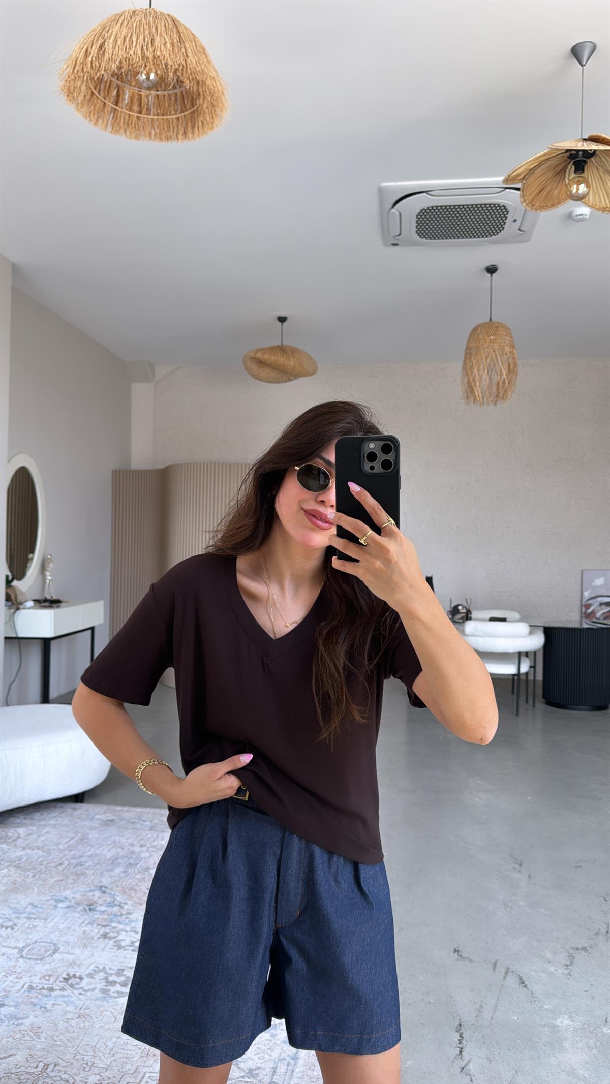 Kahverengi V Yaka Salaş Bluz