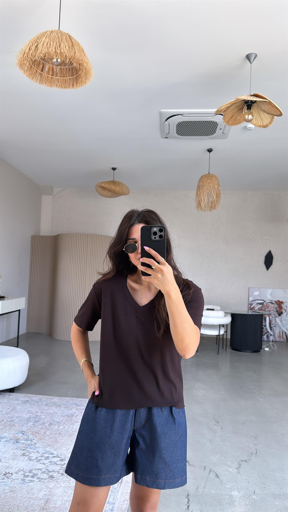 Kahverengi V Yaka Salaş Bluz