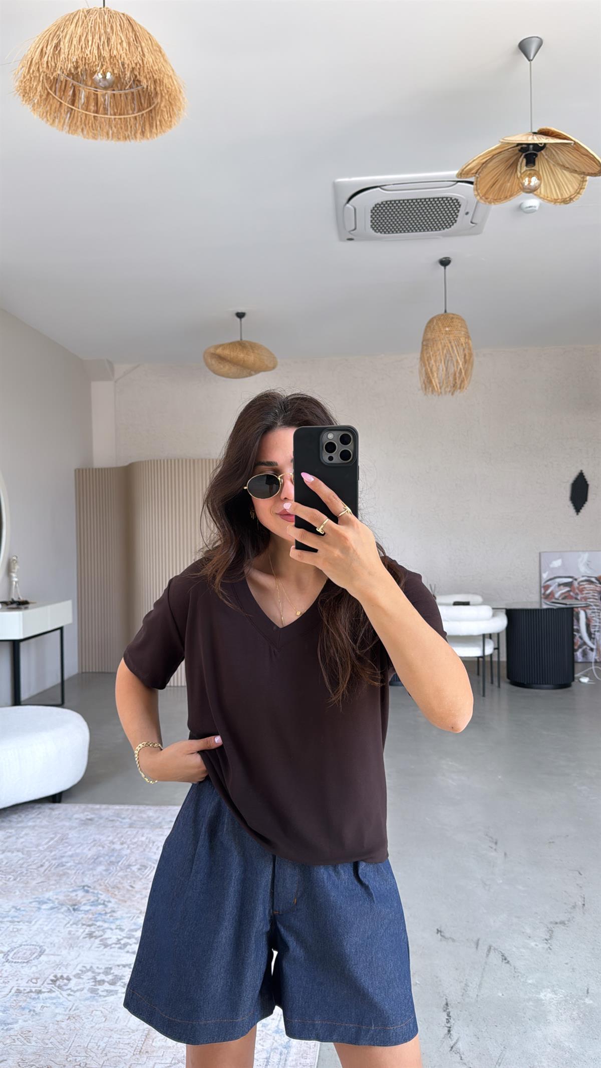 Kahverengi V Yaka Salaş Bluz