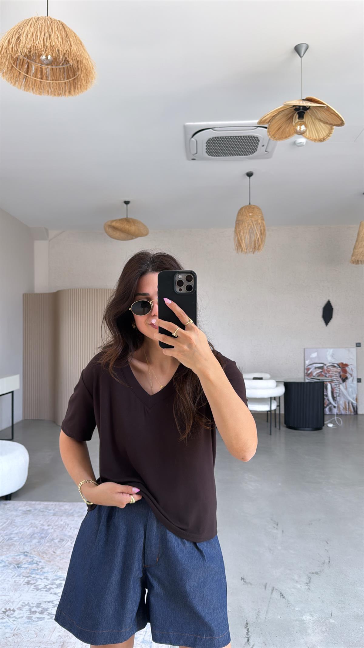 Kahverengi V Yaka Salaş Bluz