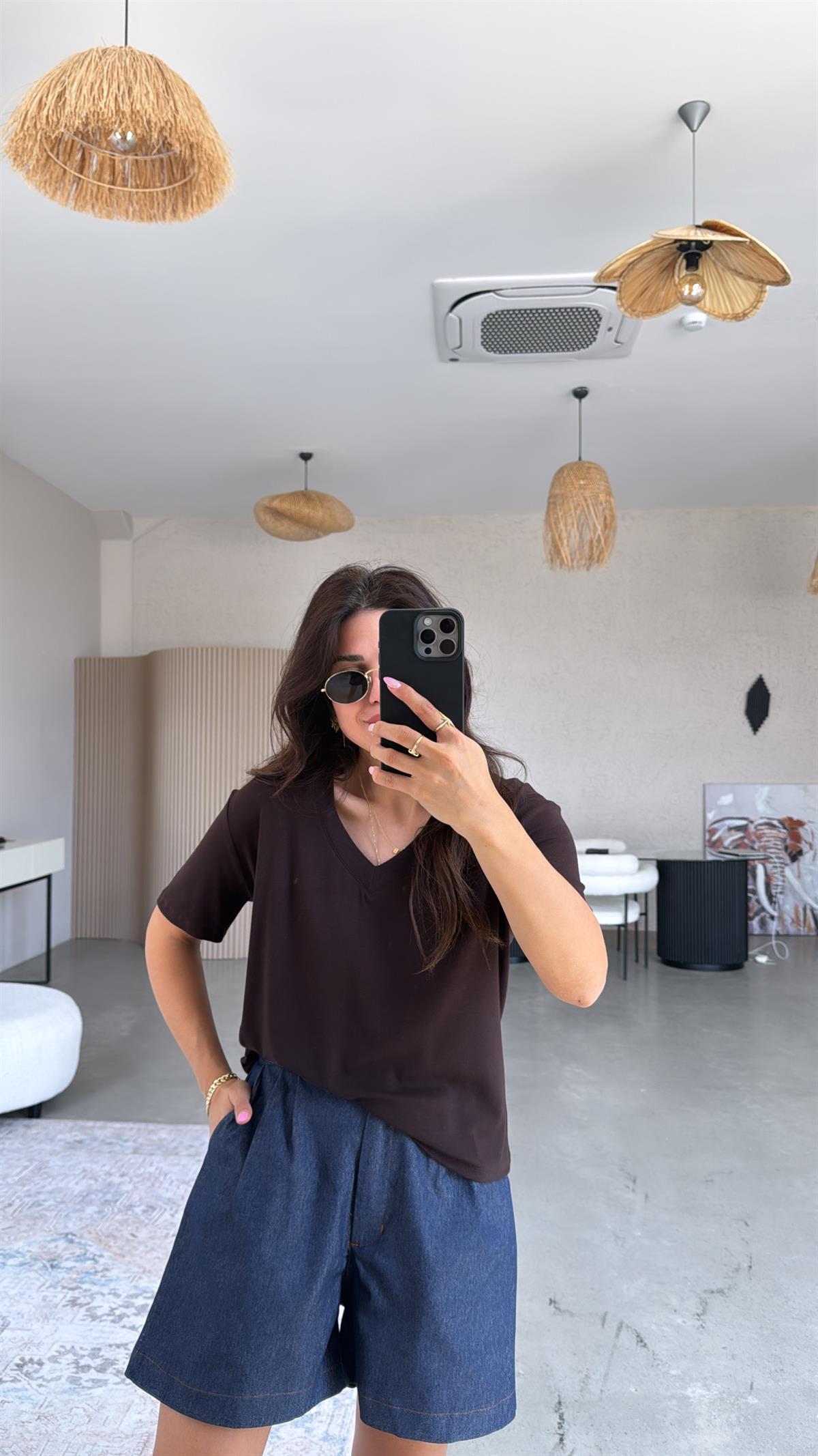 Kahverengi V Yaka Salaş Bluz