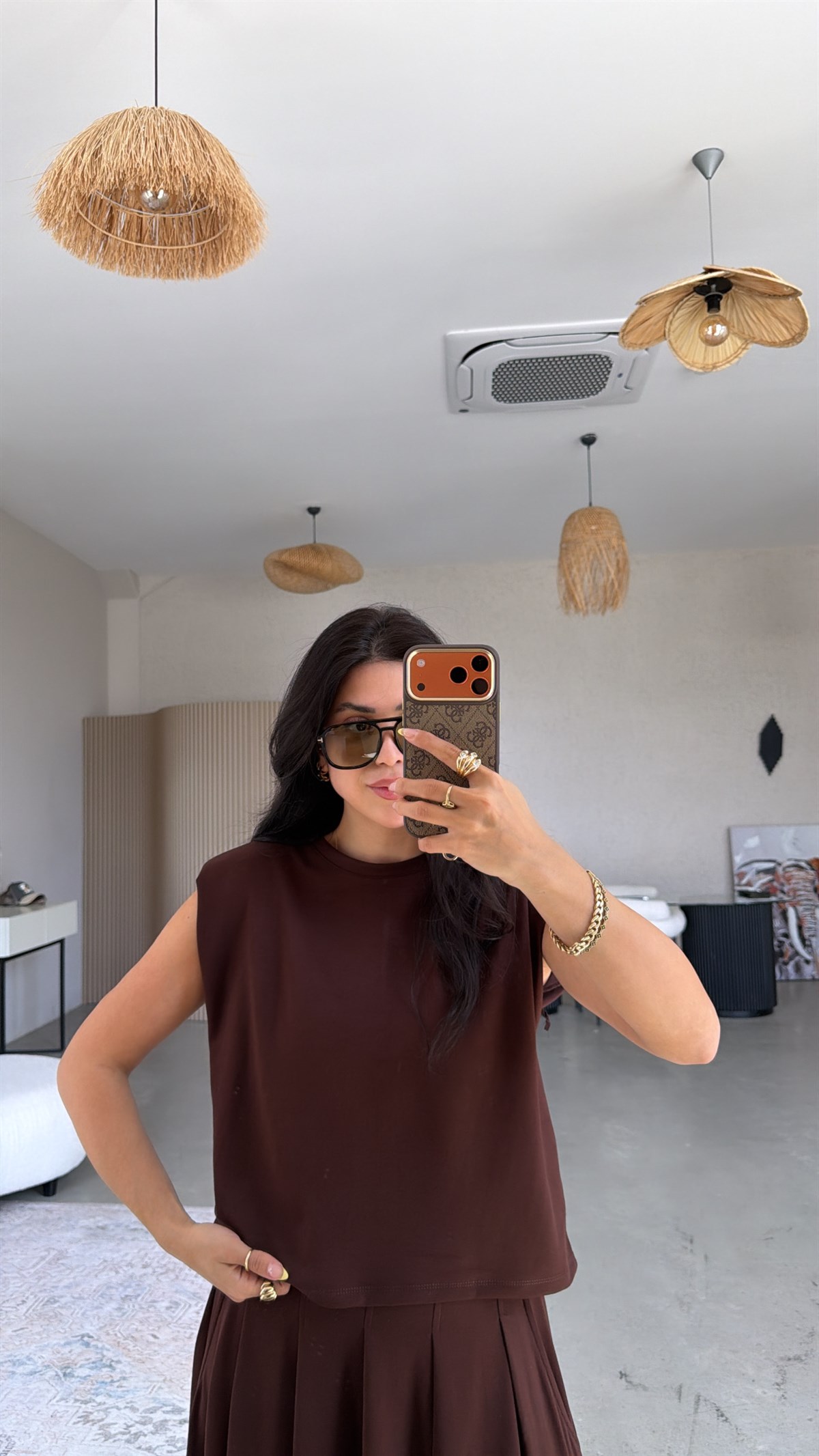 Kahverengi Vatkalı Etek Bluz Takım
