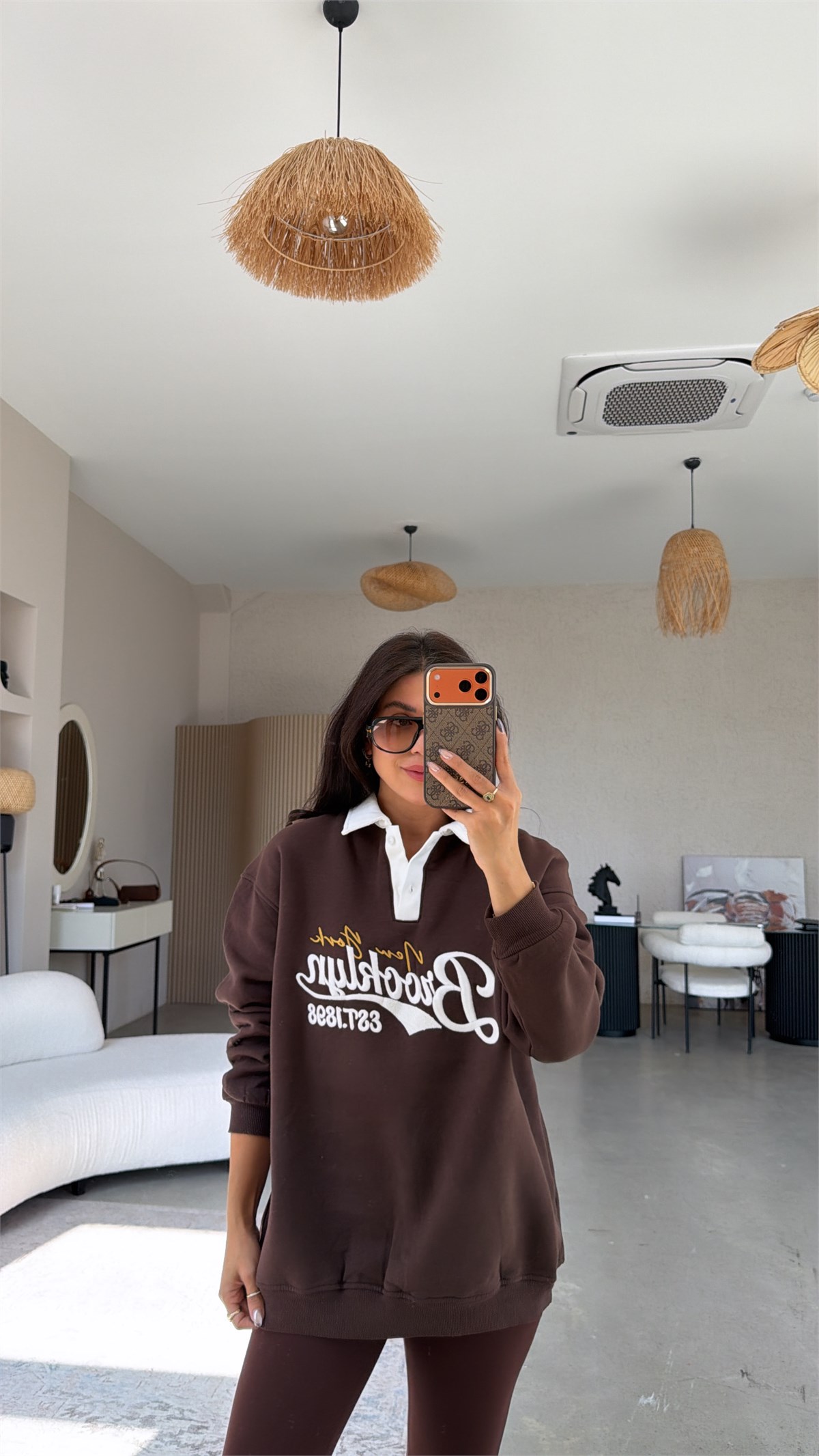 Kahverengi Yakalı Brooklyn Üç İplik Sweatshirt