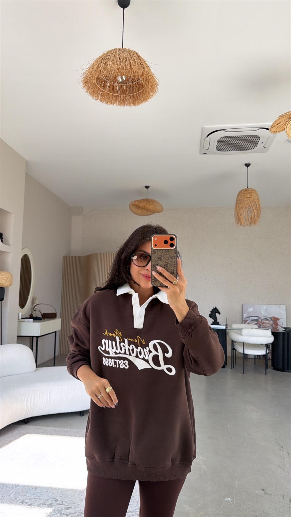 Kahverengi Yakalı Brooklyn Üç İplik Sweatshirt