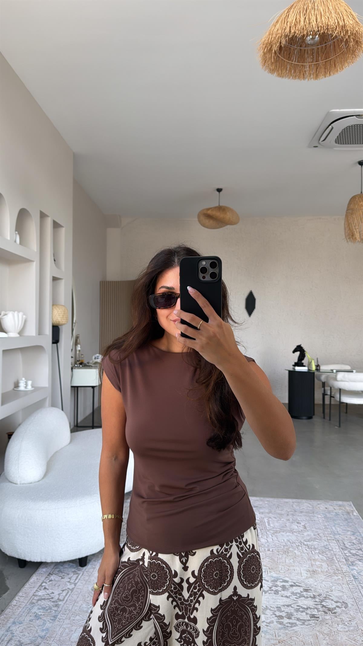 Kahverengi Yan Büzgü Sandy Bluz