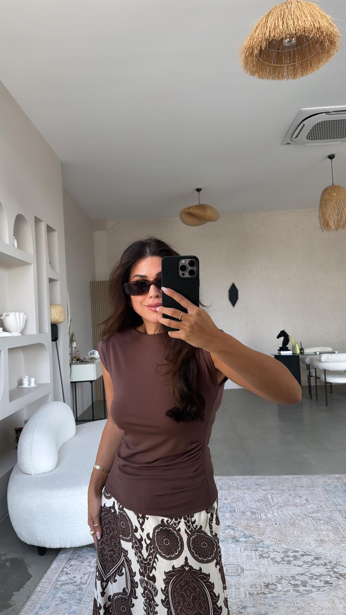 Kahverengi Yan Büzgü Sandy Bluz