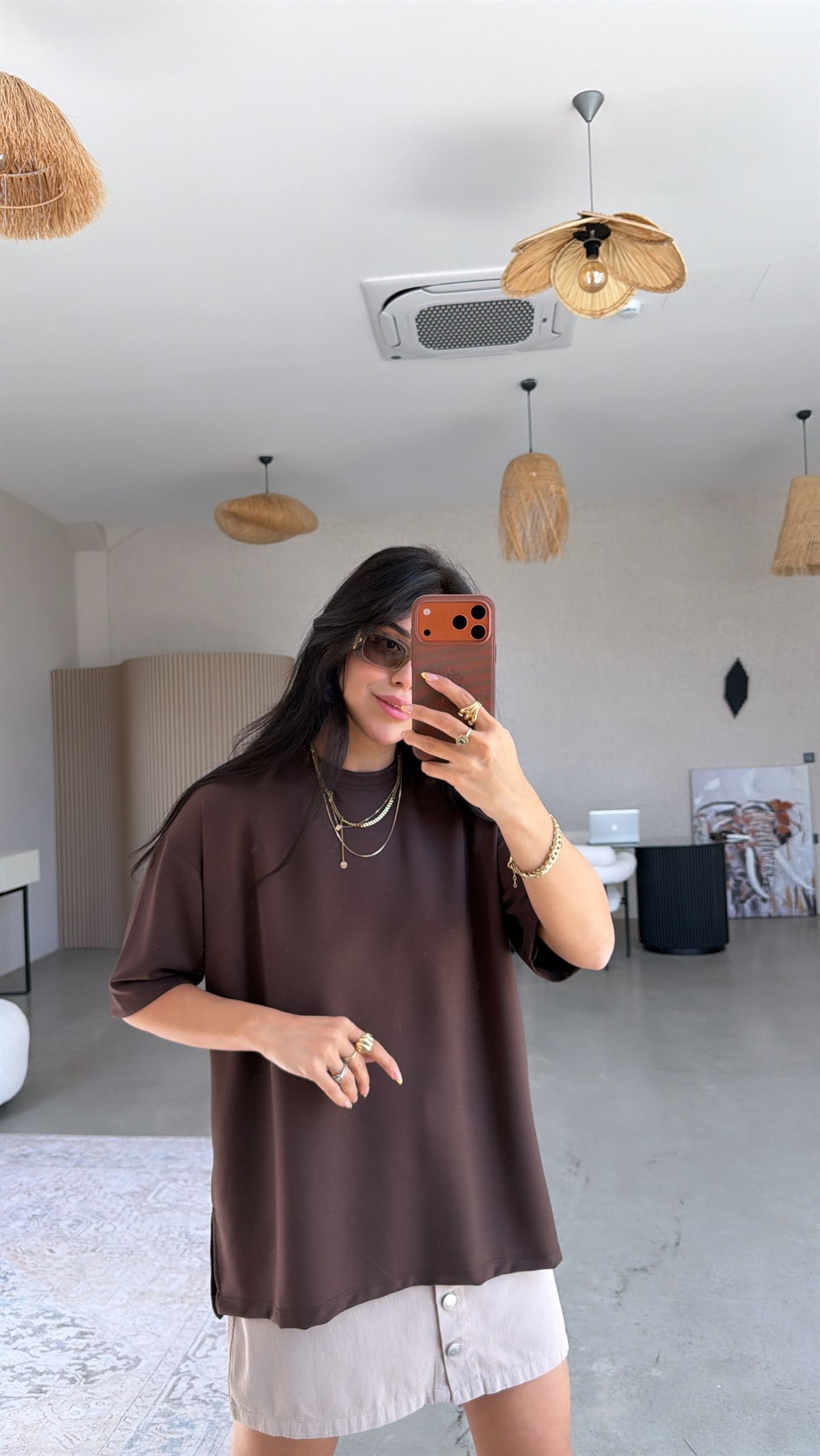 Kahverengi Yanı Minik Yırtmaçlı Oversize Modal Tshirt