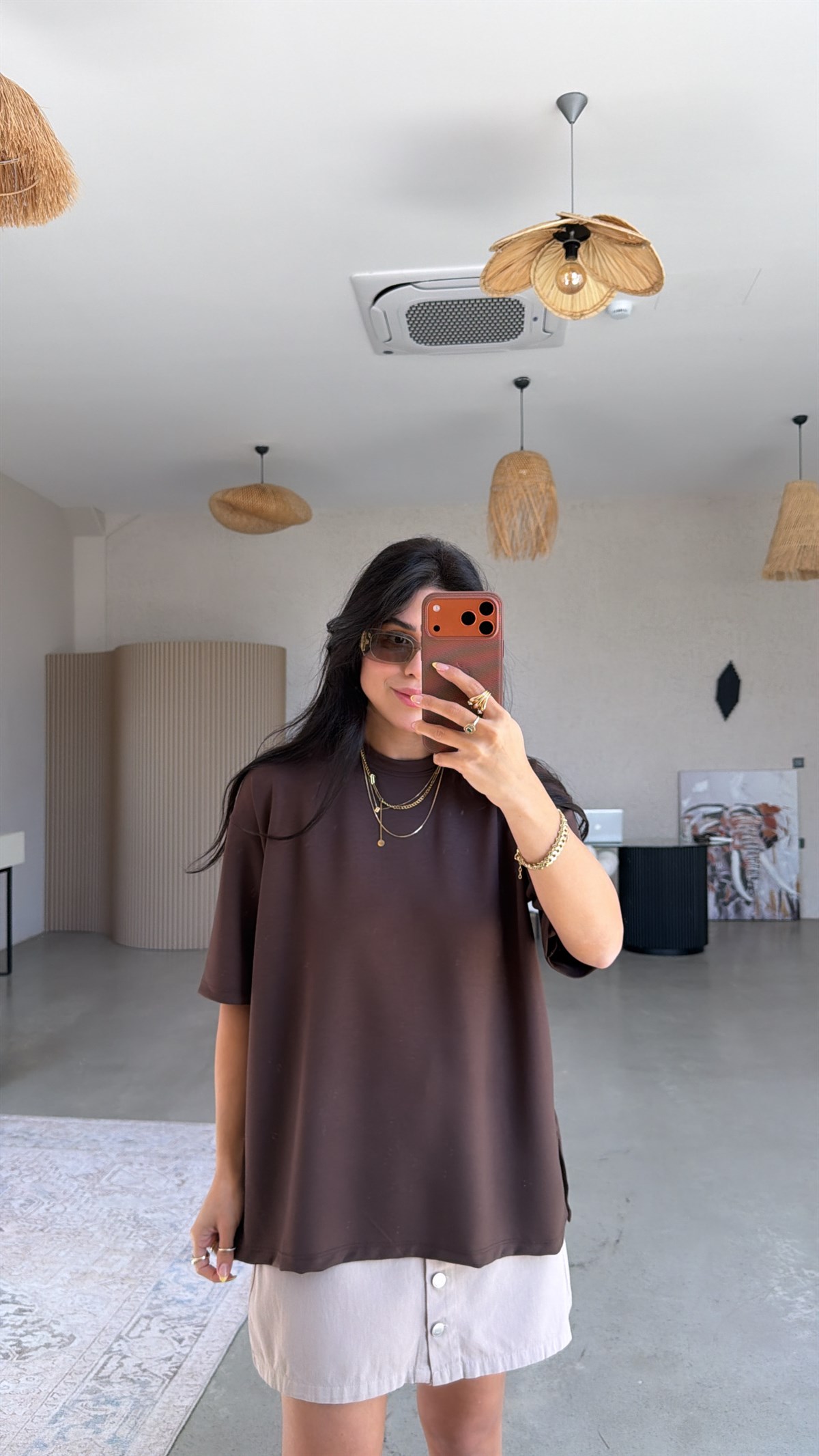 Kahverengi Yanı Minik Yırtmaçlı Oversize Modal Tshirt